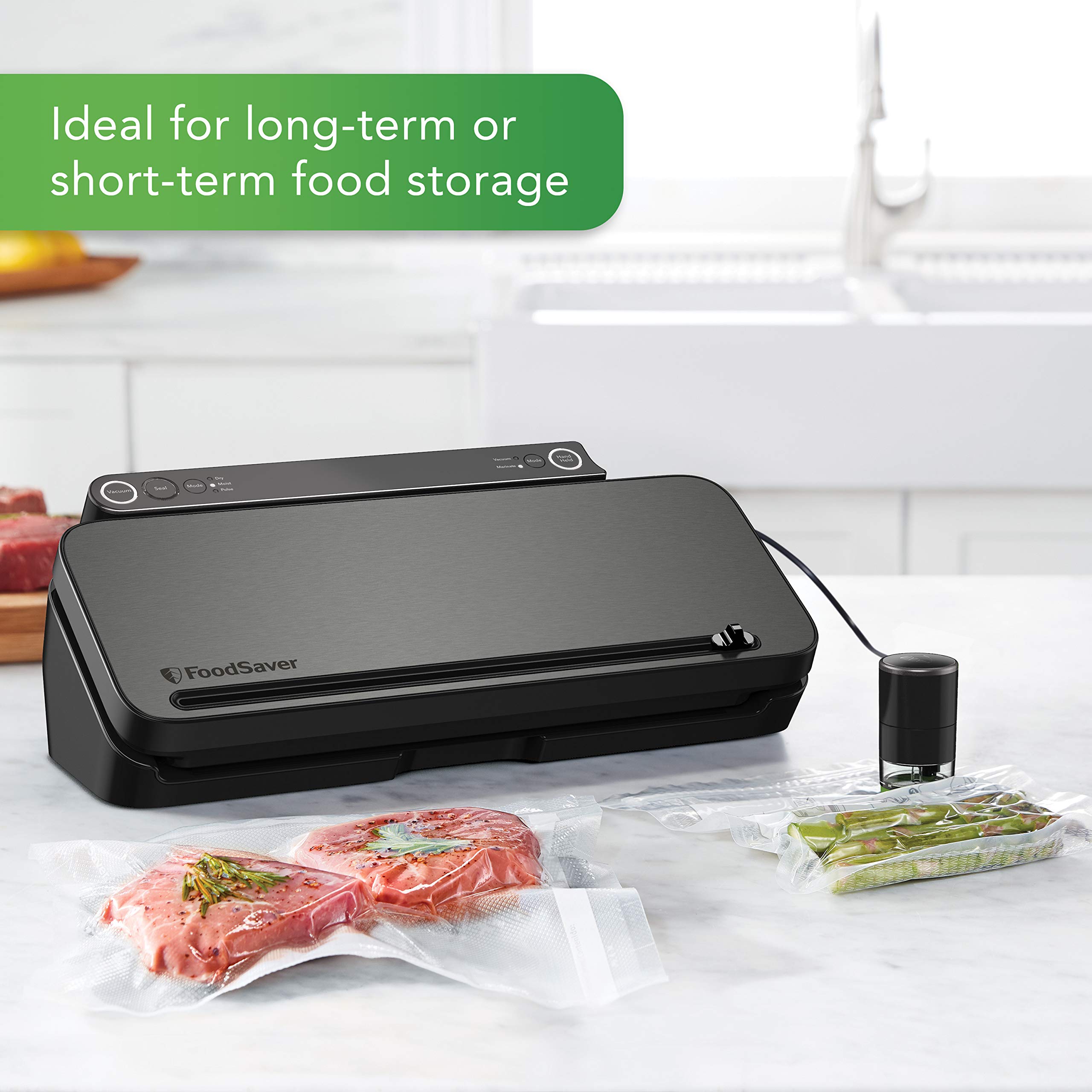 FoodSaver Vacuum Sealer Machine - 4 Settings (Pulse/Marinate) with Bags & Roll | Handheld Vacuum Sealer for Airtight Food Storage, Sous Vide Cooking & Meal Prep | Compact Kitchen Appliance for Freezer, Pantry & Camping (Black)