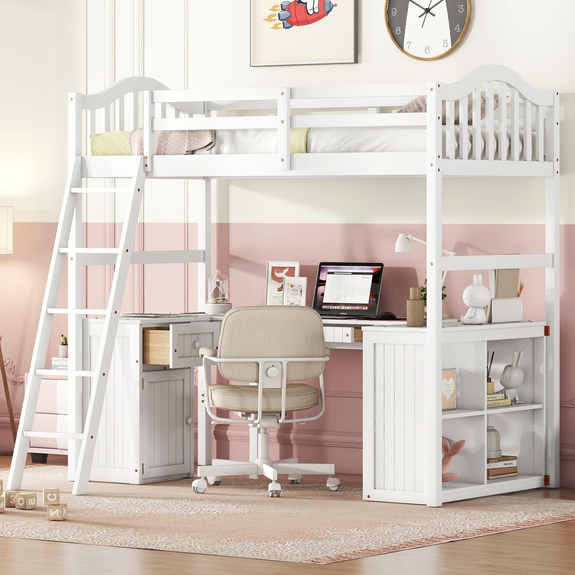 **Twin Loft Bed with Desk, Drawer & Cabinet - Wooden Study Bed for Kids, Teens & Adults - White - Perfect for Dorm Rooms, Small Spaces & Kids' Bedrooms**