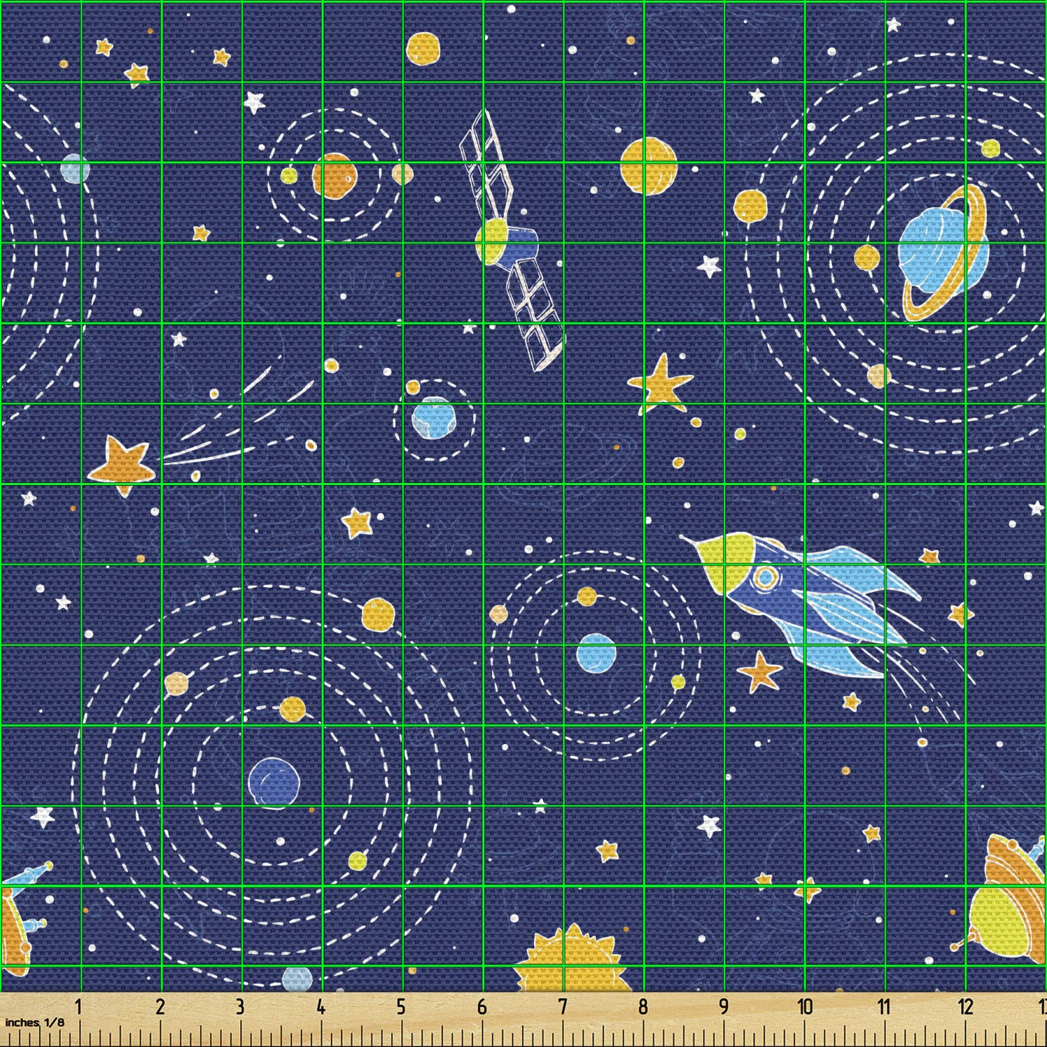 Ambesonne Galaxy Space Fabric by The Yard - Shooting Stars, Planets, Spaceship, Comet & Moon Fantasy Print - Decorative Upholstery Fabric for DIY Home Decor, Curtains, Pillows & Craft Projects - 10 Yards, Orange & Dark Blue - Perfect for Bedroom, Living Room & Space-Themed Parties