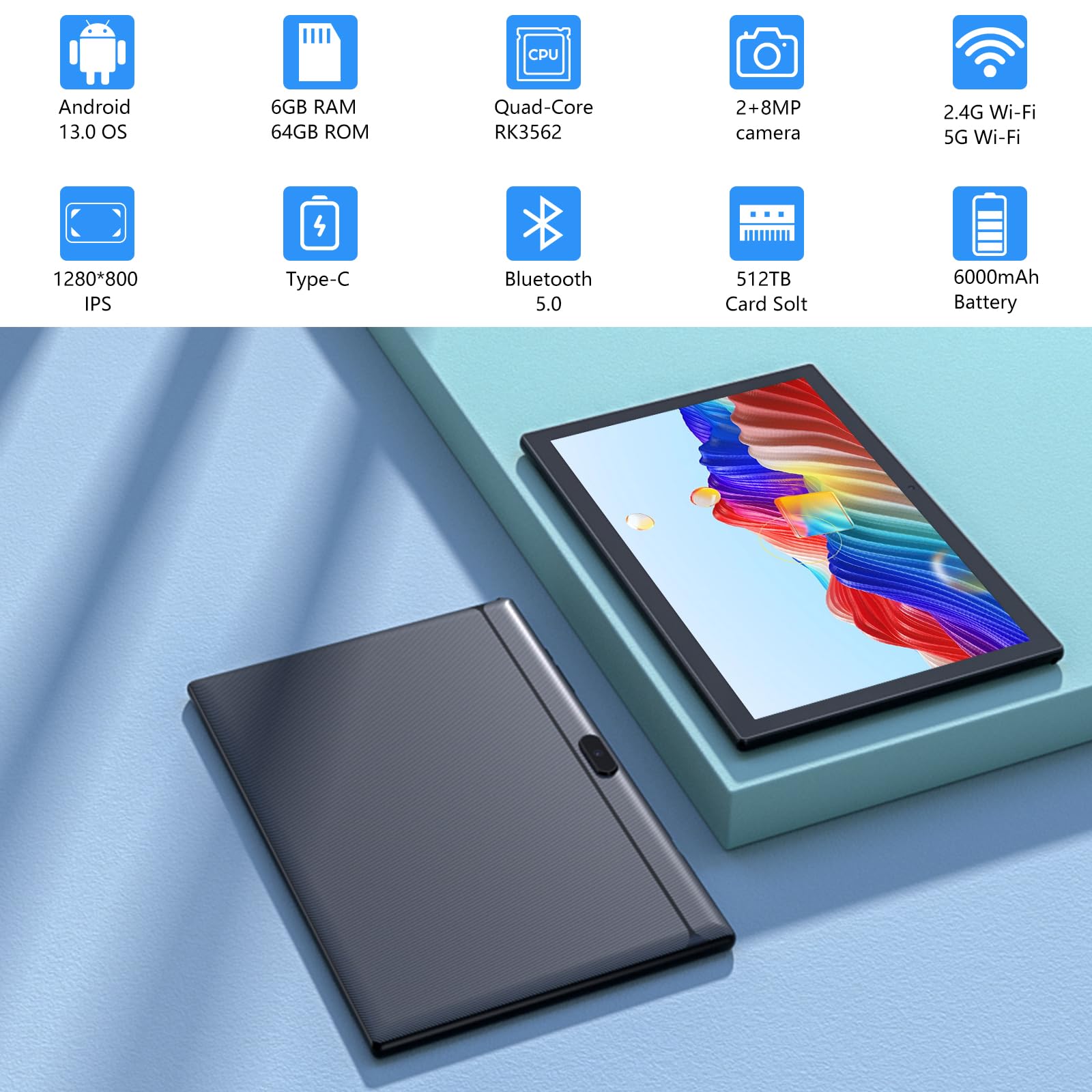 2024 Upgraded 10 Inch Android 13.0 Tablet - 2-in-1 Laptop with 8GB RAM, 64GB ROM (Expandable to 512GB), 2.0GHz Quad-Core Processor, HD Screen & 8MP Camera - Includes Keyboard, Case & Mouse - Perfect for Work, Study & Entertainment