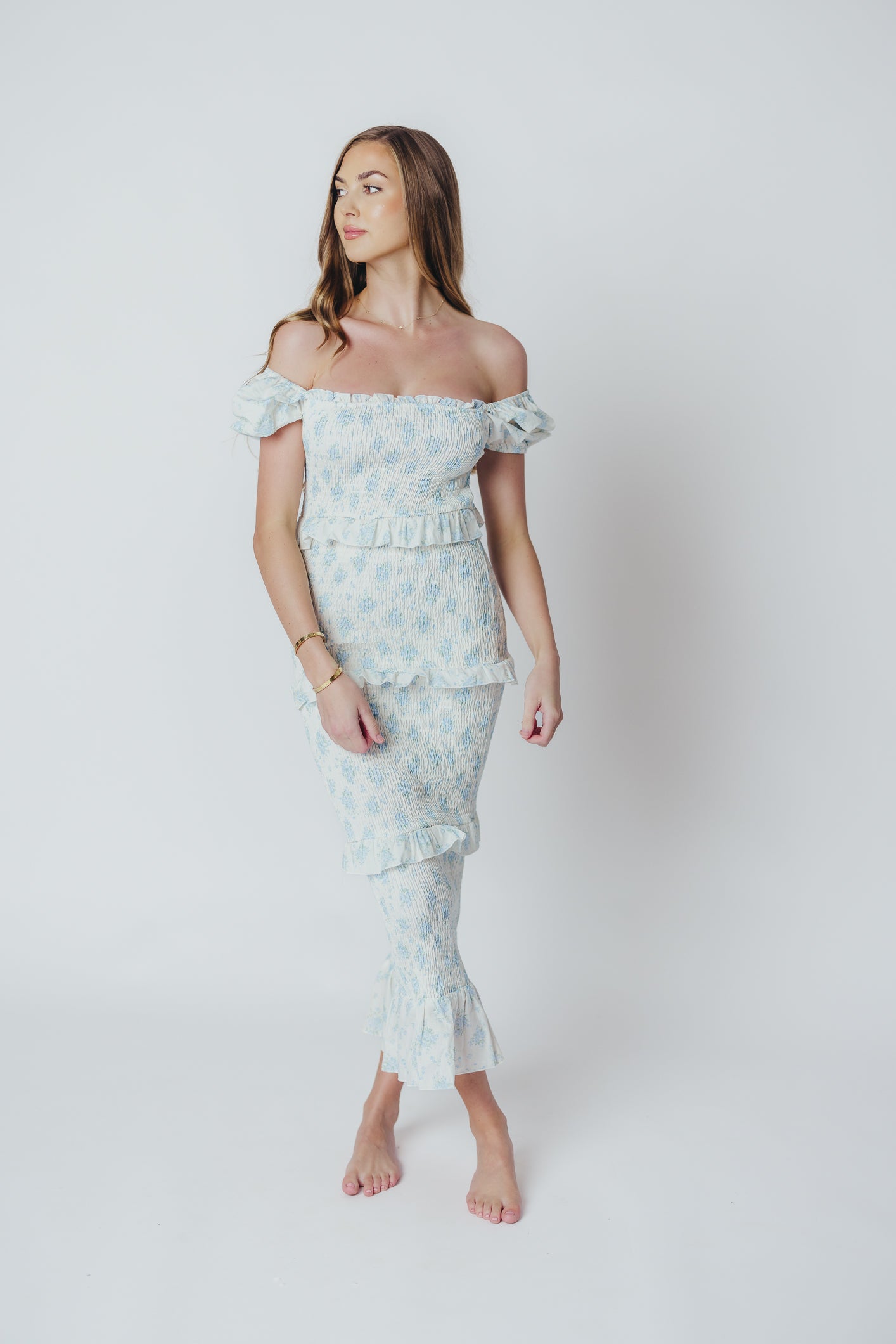 Ada Smocked Dress in Blue Floral - Bump Friendly Maternity Dress with Inclusive Sizing (S-3XL) | Perfect for Baby Showers, Bridal Events & Summer Weddings