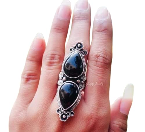 Black Onyx Ring - 925 Sterling Silver Handmade Boho Statement Ring | Artisan Designer Wedding Promise Ring | Vintage Pear Shape Onyx Silver Jewelry for Women - Perfect for Boho Chic, Evening Wear & Special Occasions