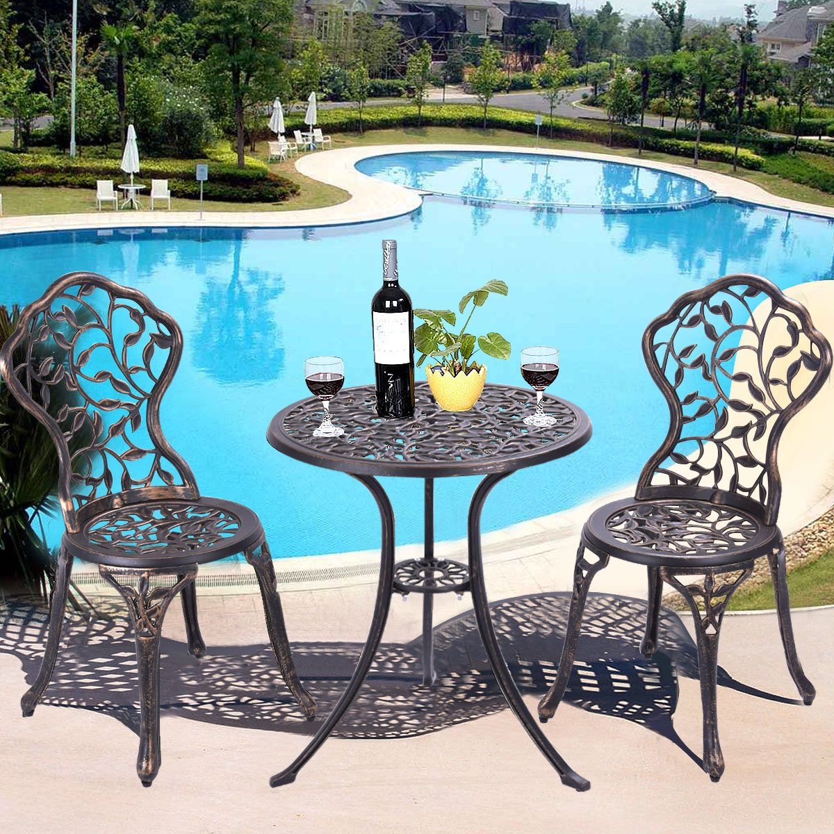 Tangkula 3-Piece Outdoor Bistro Set - Rust-Resistant Cast Aluminum Patio Furniture with Table & Chairs for Balcony, Backyard, Garden & Poolside - Perfect for Outdoor Dining, Lounging and Entertaining