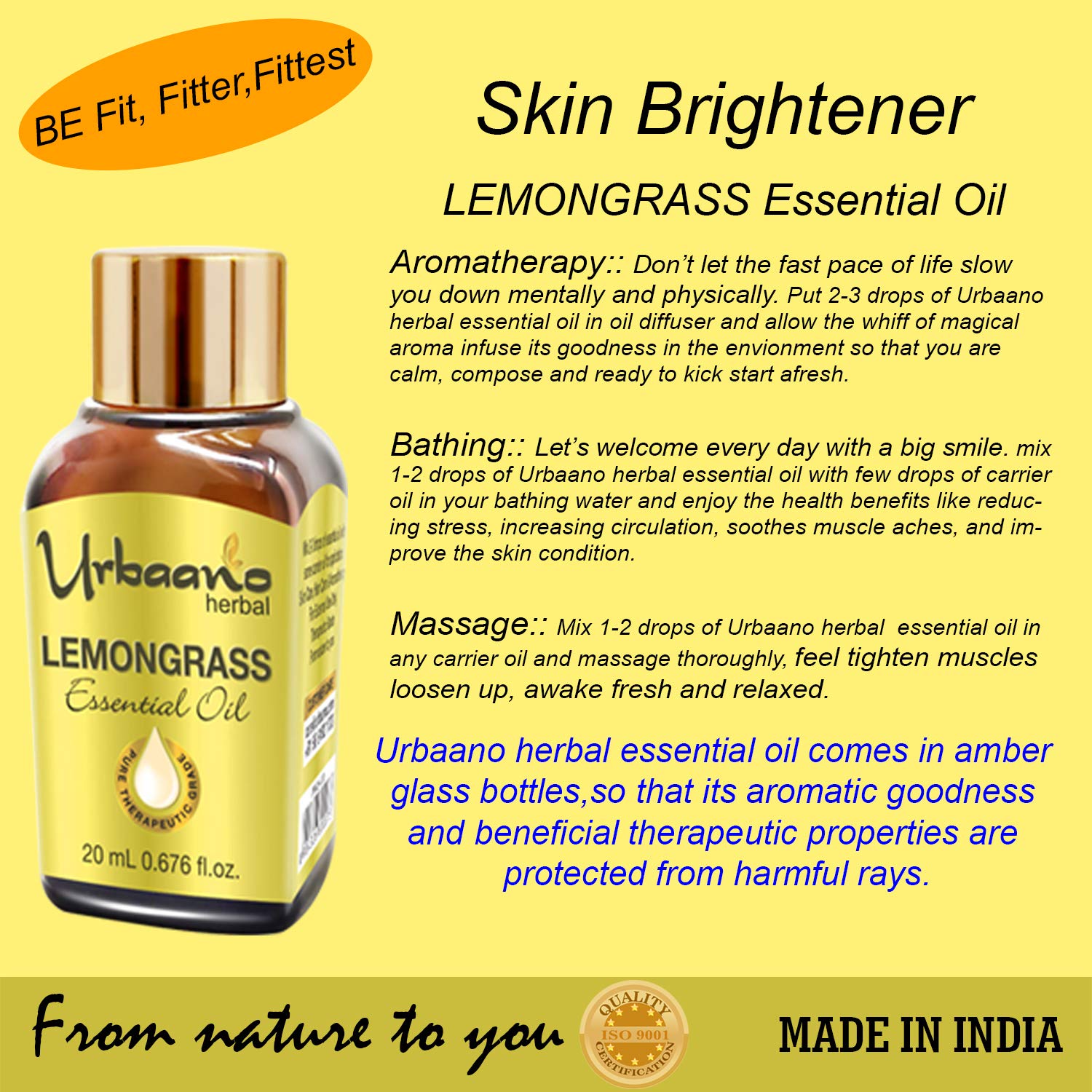 UBRAANO 100% Pure Lemongrass Essential Oil - Undiluted, Therapeutic Grade for Face, Skin & Hair Care - Aromatherapy, Massage & Relaxation - 20ml in Elegant Gift Pack