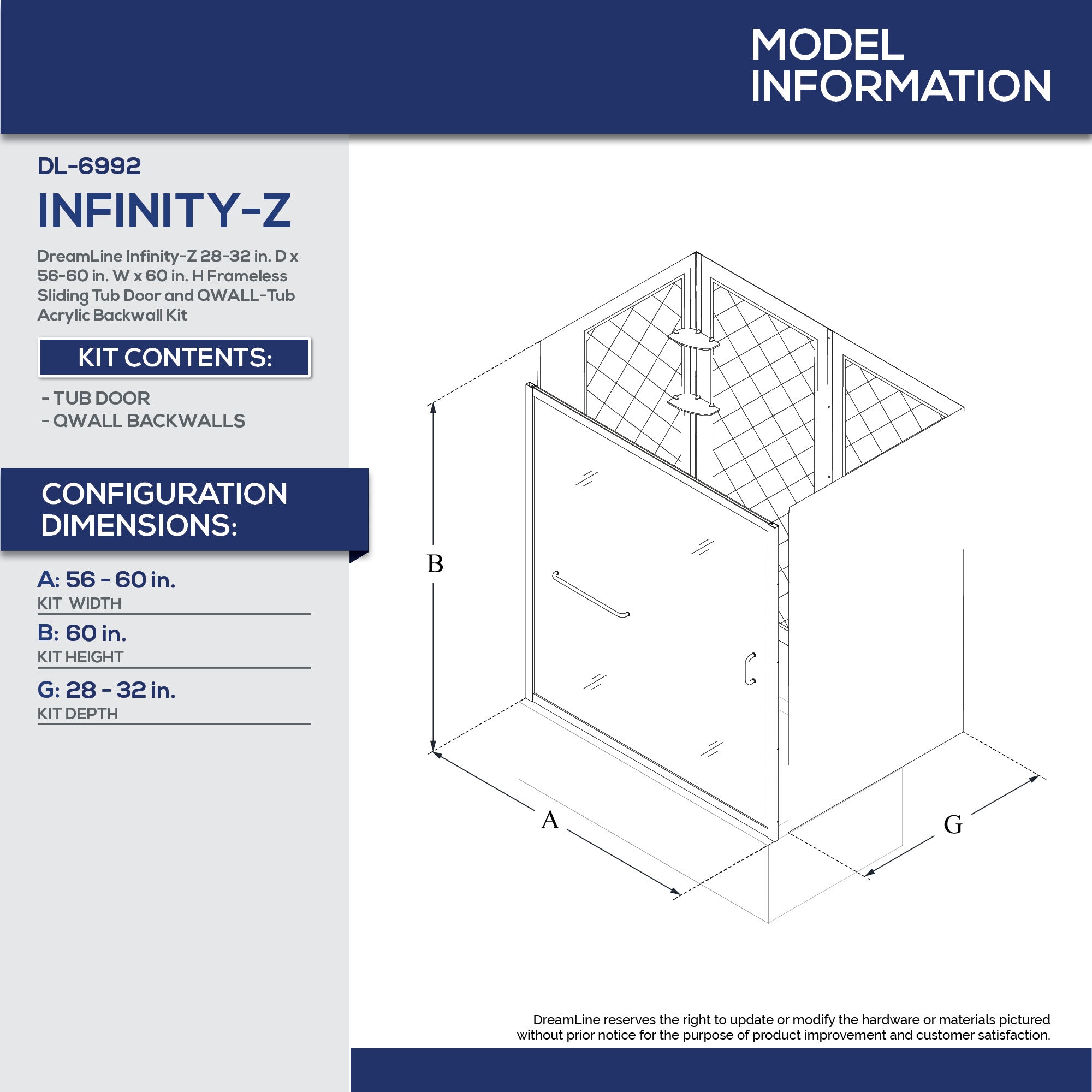 DreamLine Infinity Z 56-60 Inch Semi-Frameless Sliding Shower Door with Clear Glass & QWALL Acrylic Backwall Kit - Perfect for Modern Bathroom Renovations and Space-Saving Designs