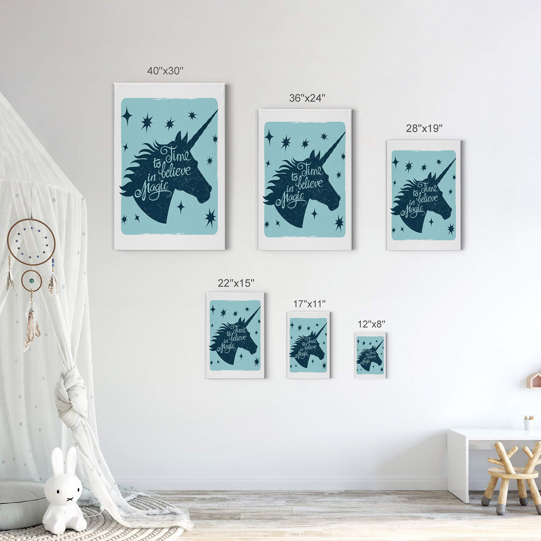Time to Believe in Magic Unicorn Quote Canvas Print - Smile Art Design Wall Decor for Kids Room, Nursery, Baby Room - Ready to Hang Unicorn Gift (17x11 Inches, Made in USA) - Perfect for Birthday Gifts, Bedroom Decor & Fantasy Theme Rooms