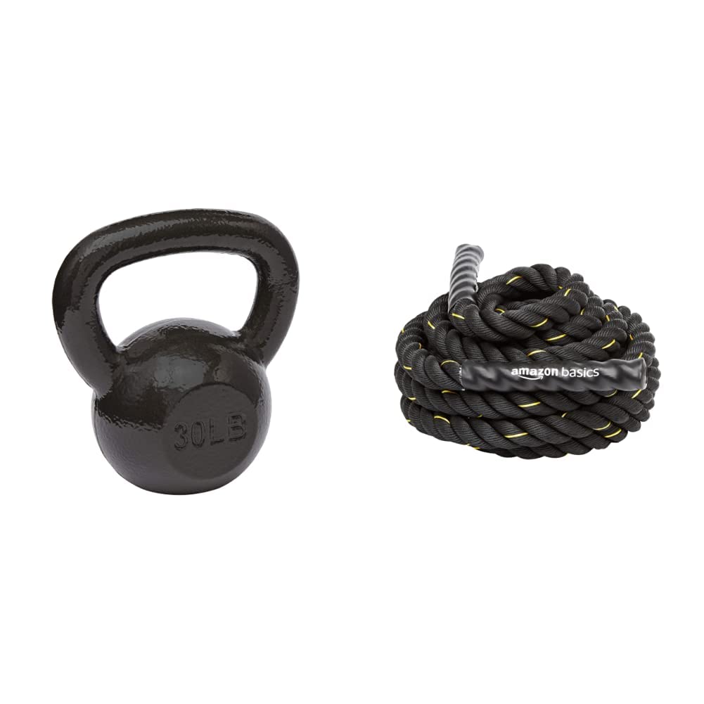 Amazon Basics 35-Pound Cast Iron Kettlebell & 1.5-Inch Heavy Duty Battle Rope - Black Workout Equipment for Strength Training, CrossFit, HIIT, and Home Gym Fitness