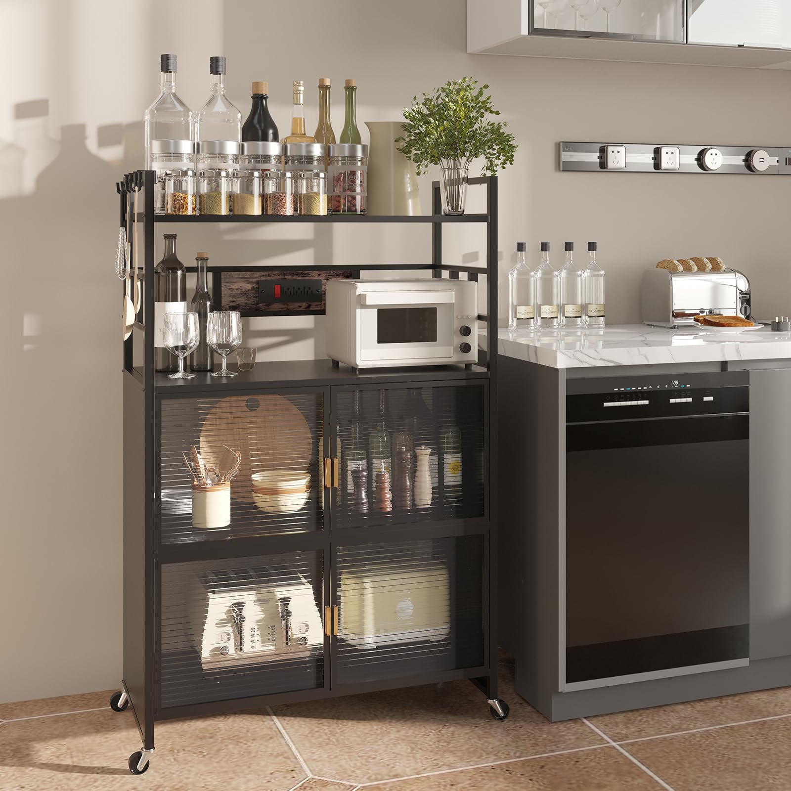 4-Tier Heavy Duty Bakers Rack with Power Outlet & Wheels - Microwave Stand, Coffee Station, Spice Organizer - Kitchen Storage Shelf for Pots, Pans & Baking Supplies - Perfect for Small Kitchens, Bakeries & Coffee Shops (Black)
