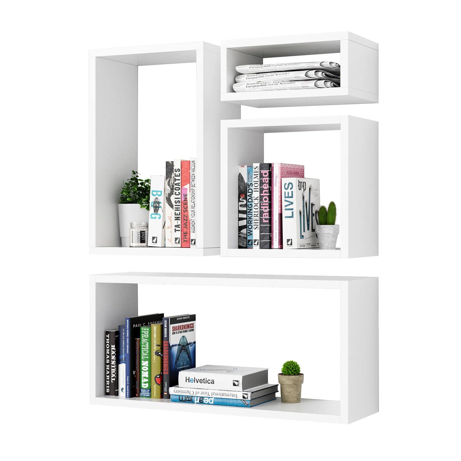 Kaboon Floating Wall Mount Shelf Set of 4 - White Large Cube Shelves for Home & Office Decor | Perfect for Living Room, Bedroom, Kitchen & Commercial Spaces