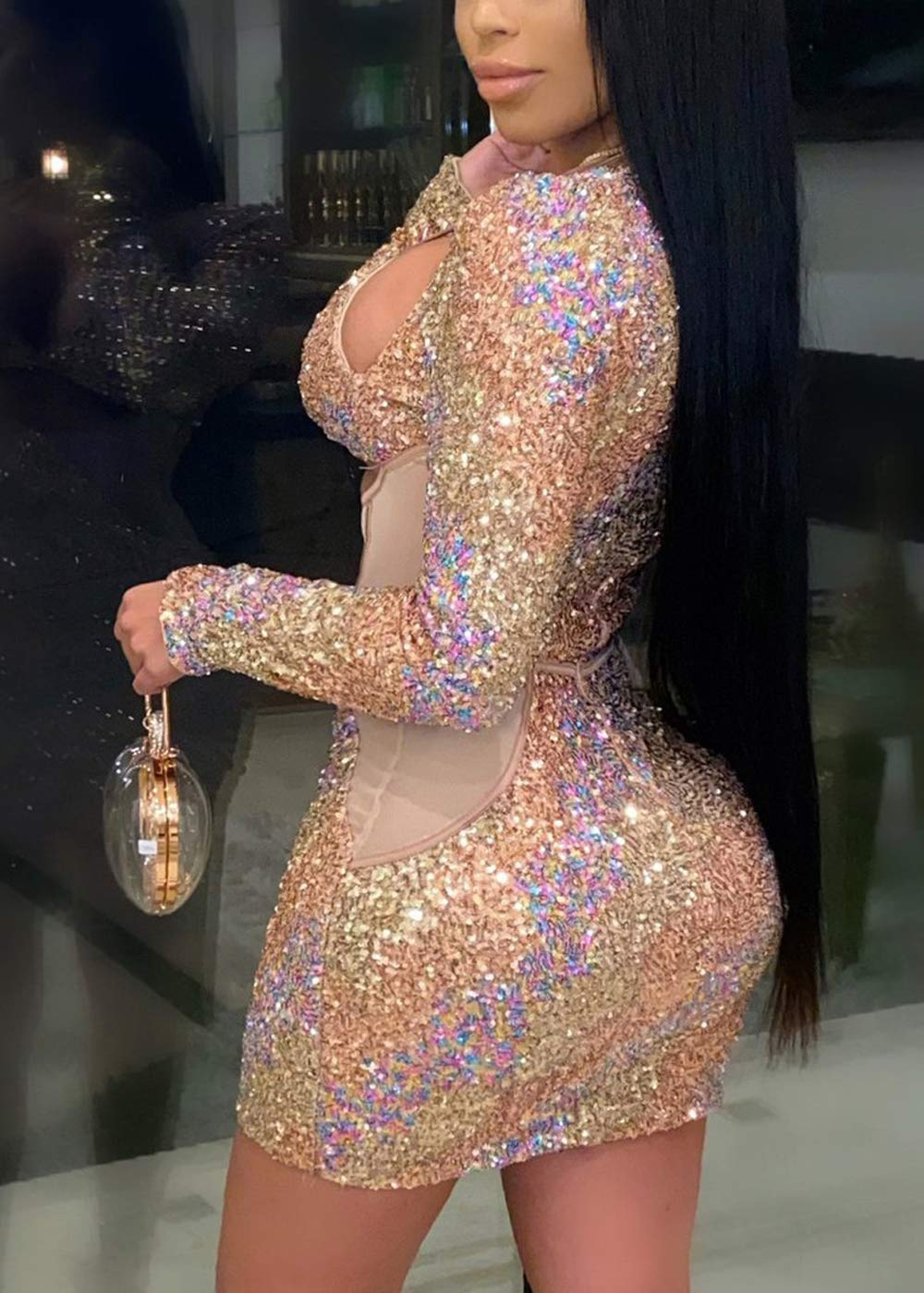 Cocoinsity Women's Long Sleeve Glitter Bodycon Mini Dress - Sparkly Paillettes Clubwear for Nightlife & Party Outfits | Perfect for Clubbing, Cocktail Parties & Special Occasions