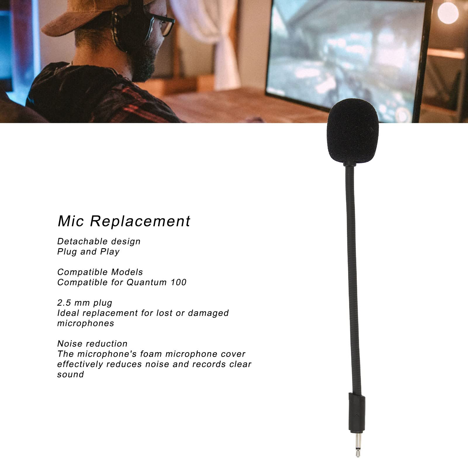 Detachable 2.5mm Noise Cancelling Microphone Replacement with Flexible Boom Arm for Quantum 100 Gaming Headset - Perfect for Streaming, Online Gaming & Voice Chat