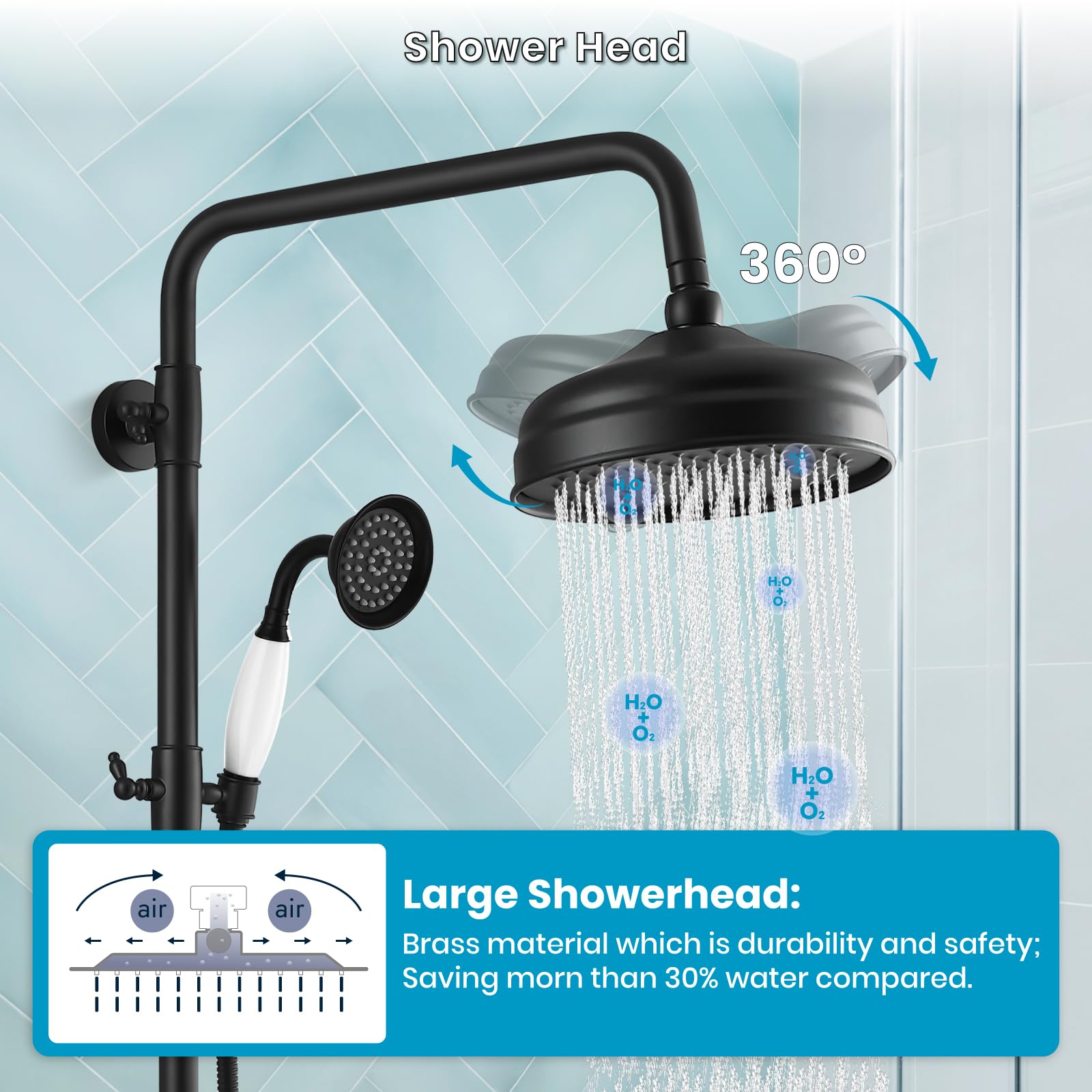 Luxury Matte Black Exposed Shower Faucet Set - 8 Inch Wall Mount Rainfall Shower Head with Handheld Spray & Cross Double Handle - Adjustable Straight Rod for Modern Bathroom - Perfect for Master Bath, Spa-Like Showers & Contemporary Home Renovations