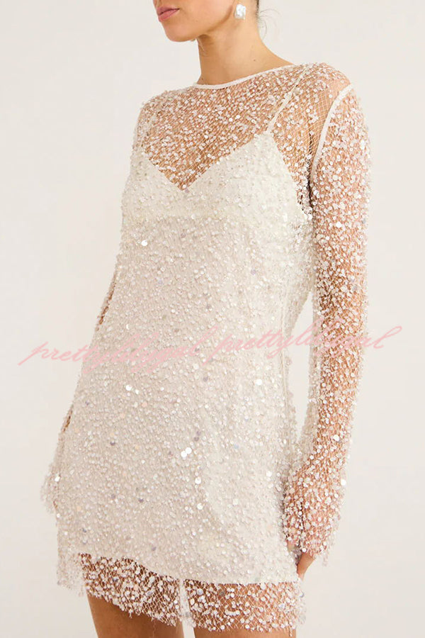 Sparkle and Shine Sequins & Pearls Mini Party Dress with Detachable Slip - Perfect for Cocktail Parties, Prom, and Evening Events