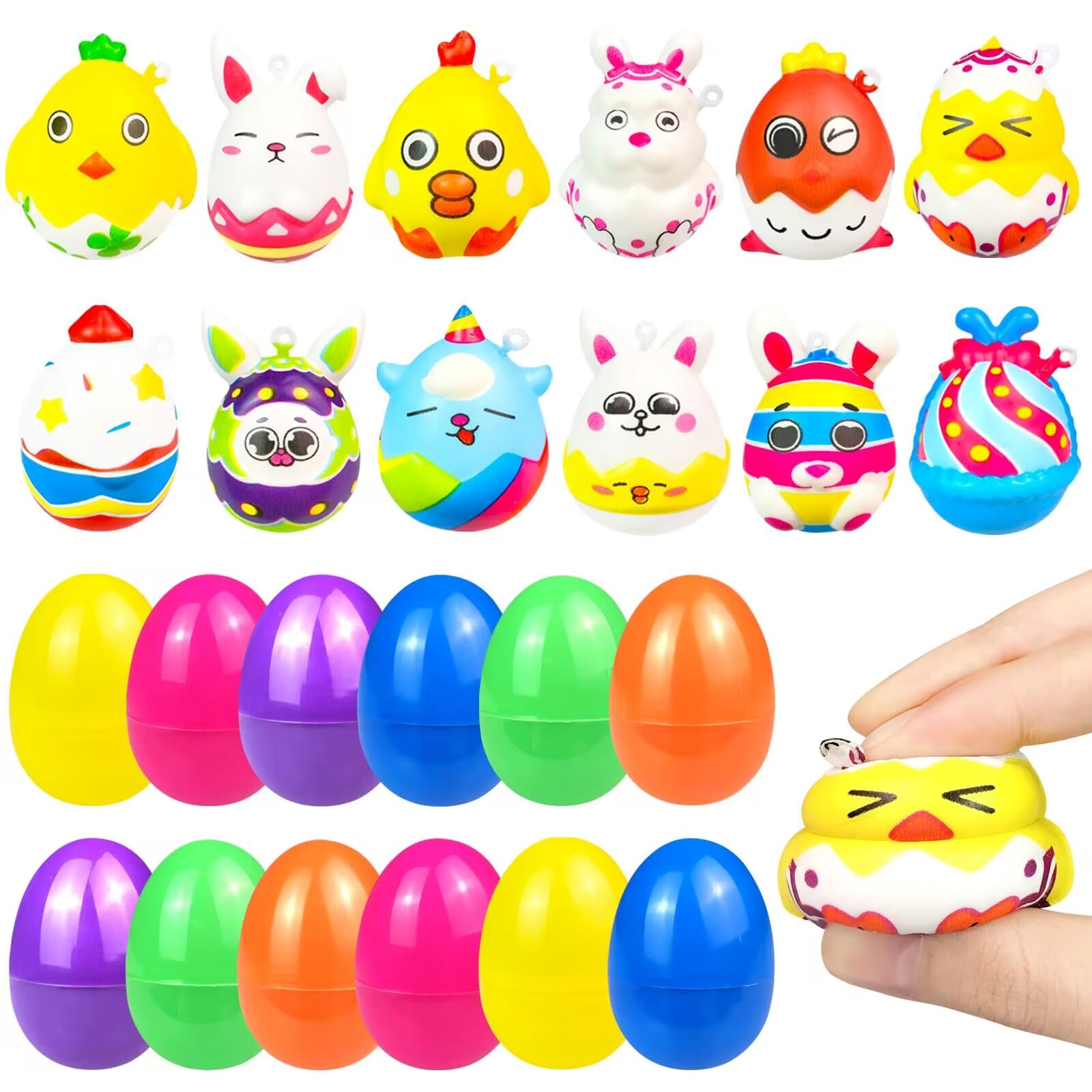 12-Piece Easter Egg Squishy Toys Set with Plastic Eggs - Prefilled Easter Basket Stuffers for Kids, Party Favors & Easter Gifts - Perfect for Egg Hunts, Classroom Rewards & Easter Celebrations
