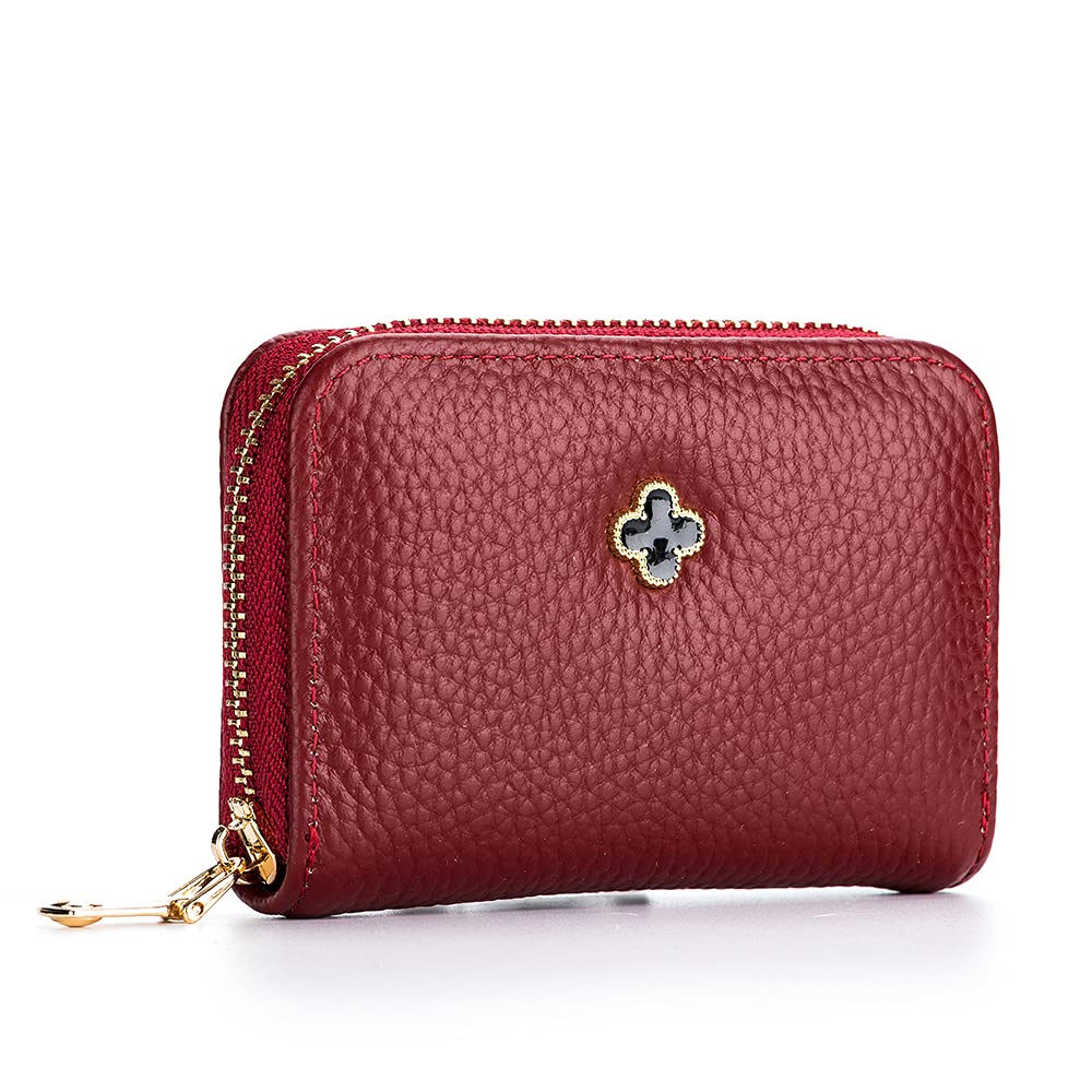 Genuine Leather Women's Wallet with Zipper & Multi-Card Slots - First Layer Cowhide Organizer Card Holder Purse with Coin Pocket - Stylish Clutch Bag for Daily Use, Travel & Gift (Wine Red)