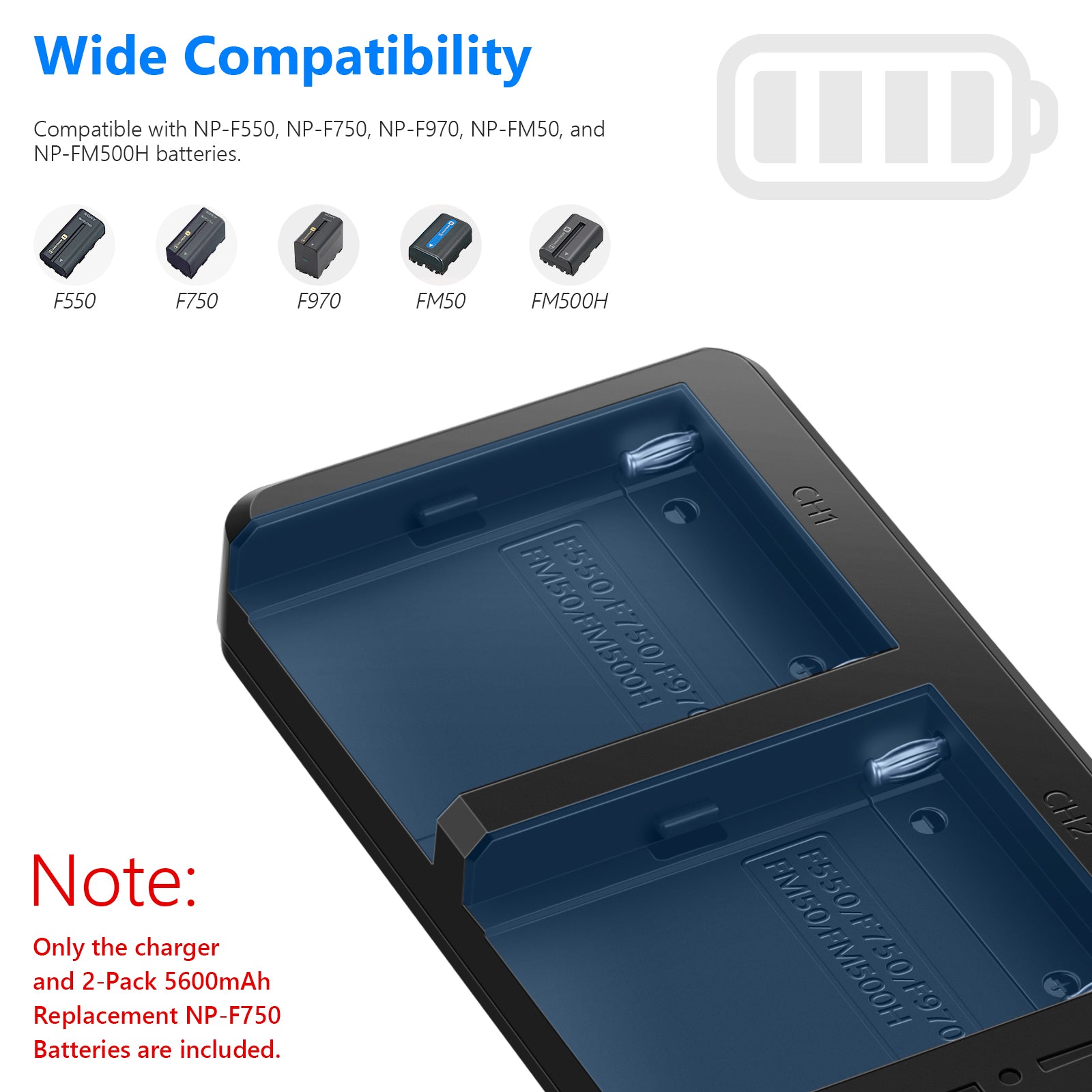 NEEWER NP-F750 Dual Channel Battery Charger Set for Sony Cameras - Fast Charging for Sony NP-F Series Batteries - Perfect for Photography, Videography, and Travel