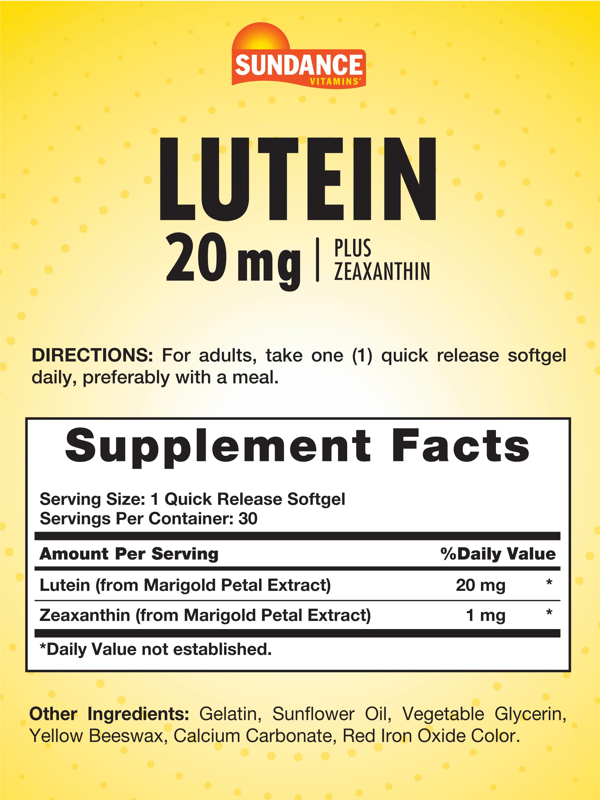 Sundance Lutein 20mg with Zeaxanthin - 30 Softgels | Eye Health Supplement | Non-GMO, Gluten Free | Supports Vision & Macular Health for Adults & Seniors | Daily Eye Care & Screen Time Protection