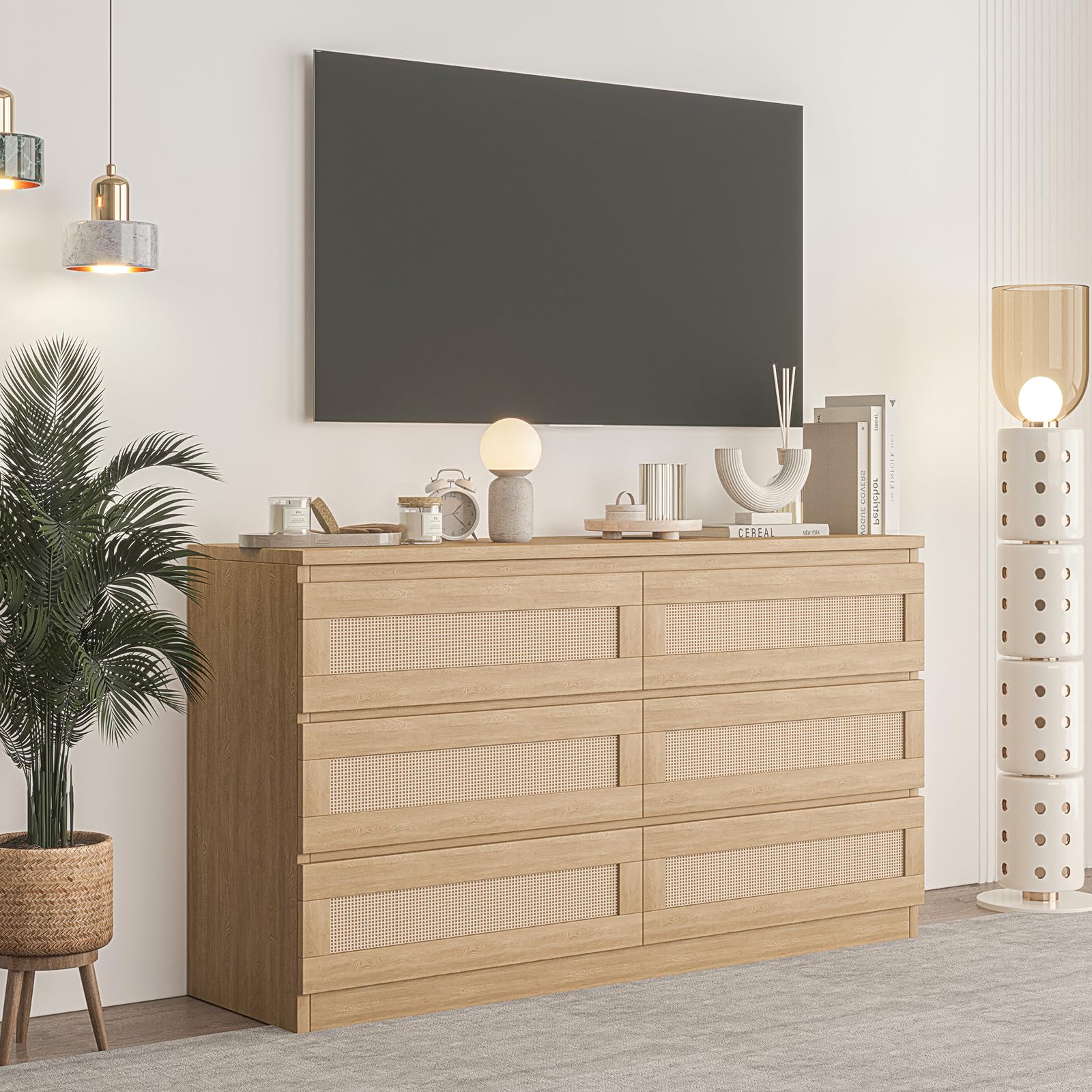 Natural Oak Rattan Dresser with 6 Drawers - Wooden Chest of Drawers for Bedroom, Closet, Living Room & Entryway | Perfect for Nightstands, TV Stands & Hallway Storage