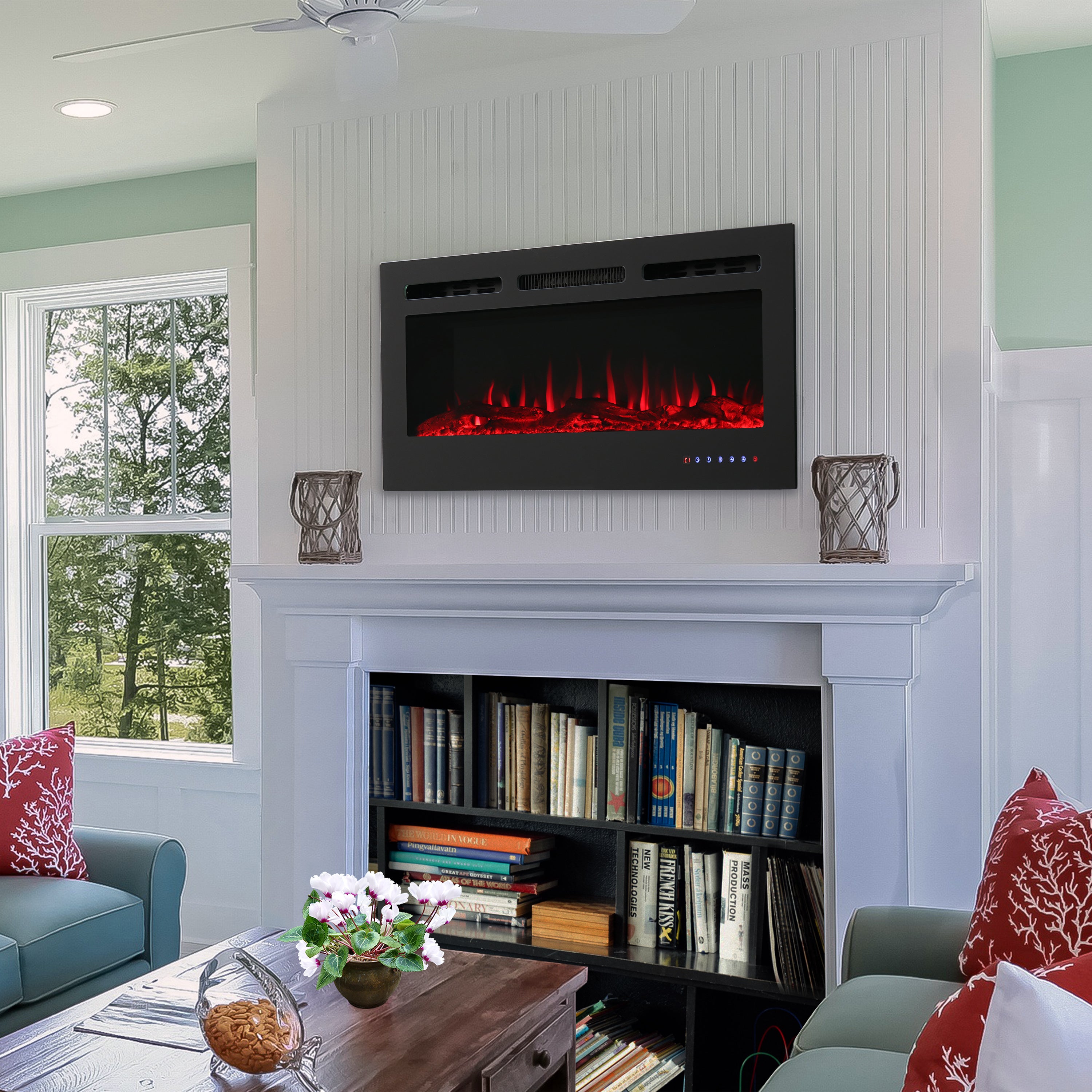 Modern Electric Fireplace - Wall Mounted or Recessed Indoor Fireplace Heater with Realistic LED Flame, Remote Control - Perfect for Living Room, Bedroom, and Office Warming Decor
