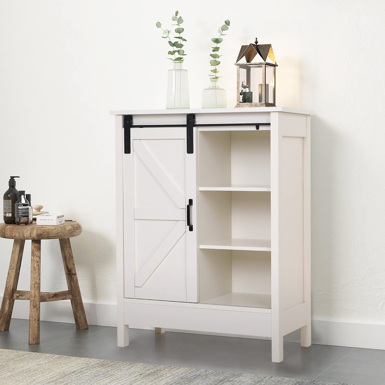 Sophia & William Farmhouse Bathroom Floor Cabinet - Free Standing Kitchen Buffet Storage with Sliding Barn Door, Ivory White - Perfect for Bathroom Organization, Kitchen Pantry Storage & Farmhouse Decor