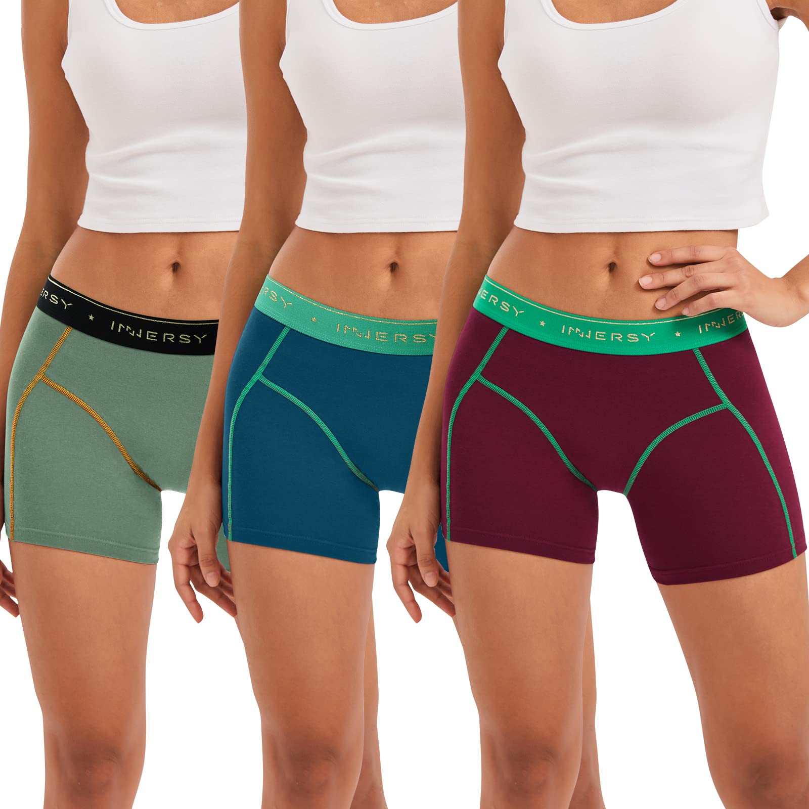 INNERSY Women's Cotton Boxer Shorts 3-Pack - Mid Rise Sporty Boyshort Underwear for Women - Soft Breathable Comfort for Everyday Wear, Workout & Lounge