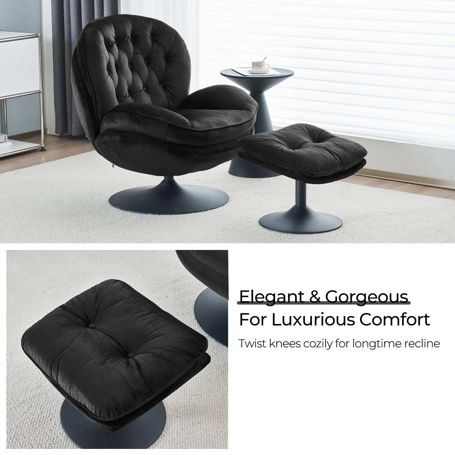 Velvet Swivel Accent Chair with Ottoman Set - Modern Tufted Armchair & Footrest for Living Room, Bedroom & Office - 360 Degree Rotating Lounge Chair for Reading, TV Watching & Relaxing - Soft Chaise Lounge Chairs for Adults (Black) - Perfect for Small Spaces, Apartments & Home Decor