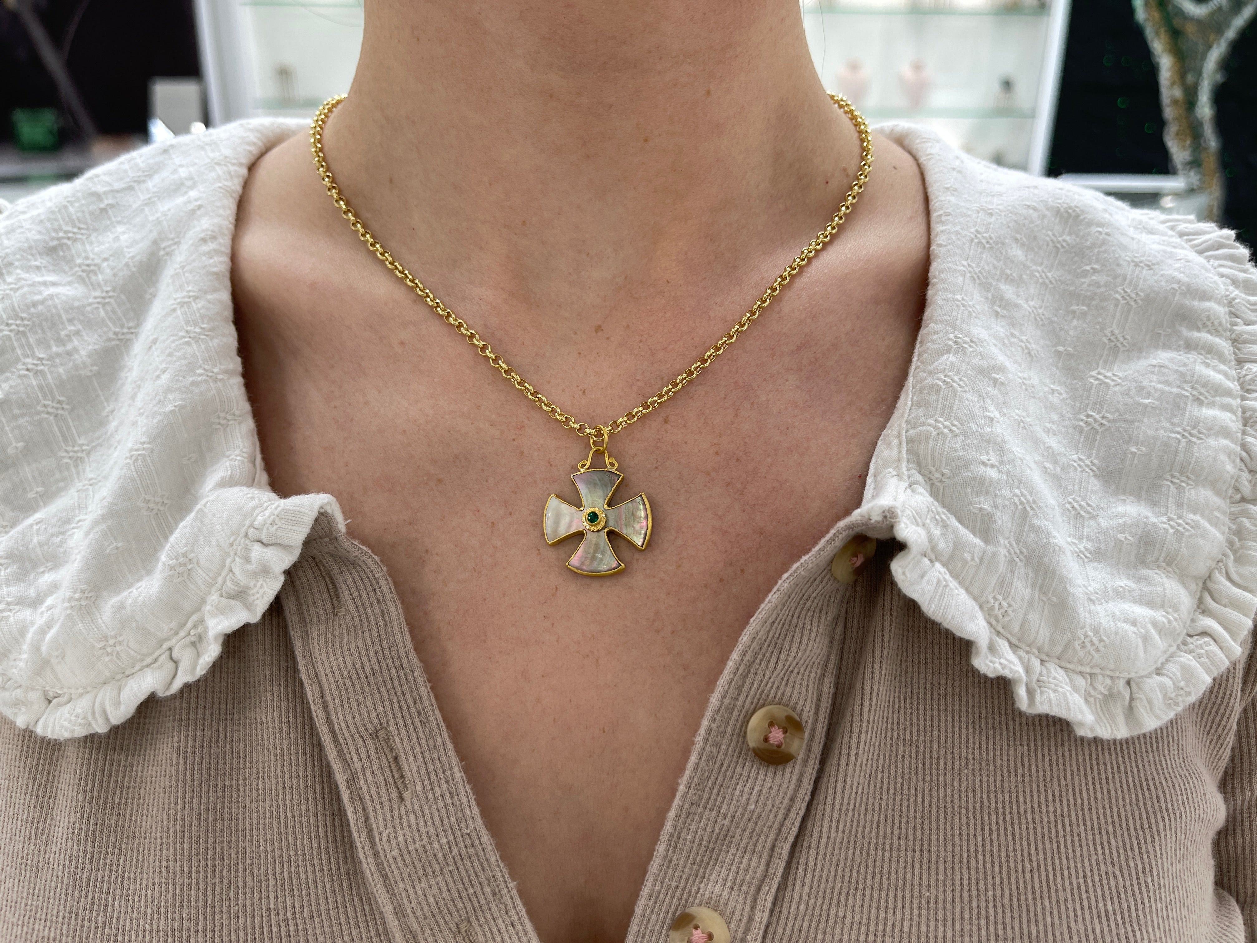 24K Gold Byzantine Cross with Mother of Pearl and Emerald - Maltese Style Religious Jewelry for Men & Women - Perfect for Church, Weddings, and Special Occasions