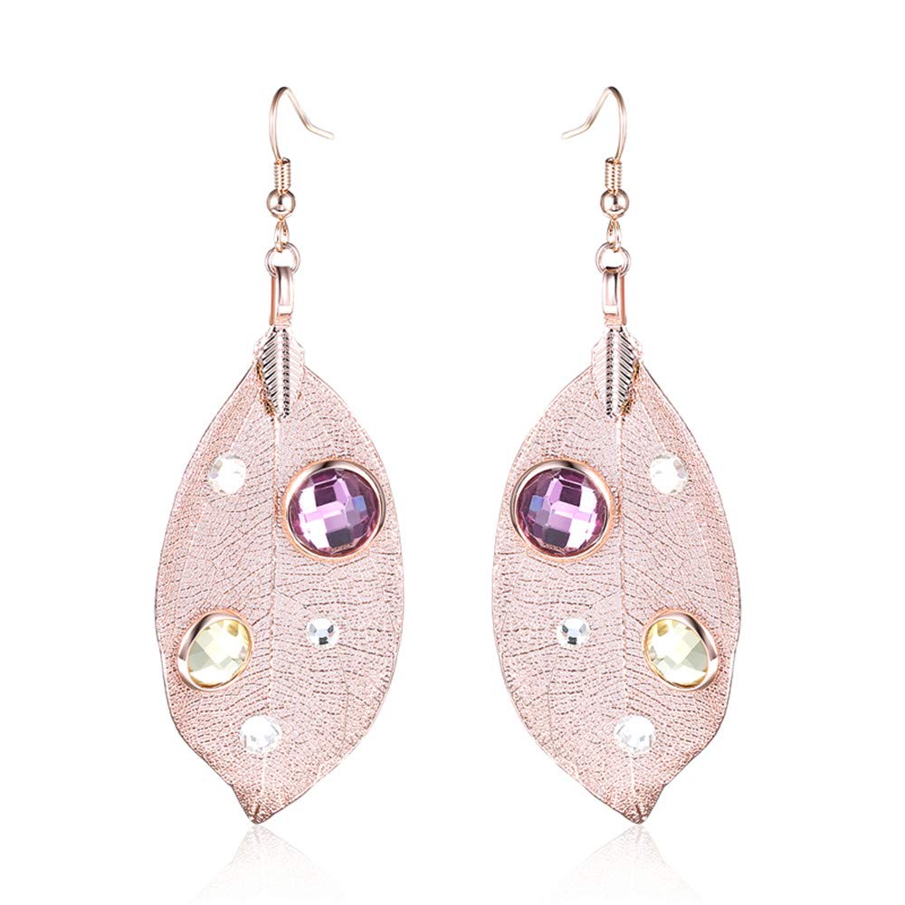 Elegant Light Filigree Long Leaf Earrings & Necklace Set with Swarovski Crystals - Diamond Accent Leaf Pendant Dangle Jewelry - Perfect Fashion Gift for Women & Girls - Ideal for Weddings, Parties & Special Occasions