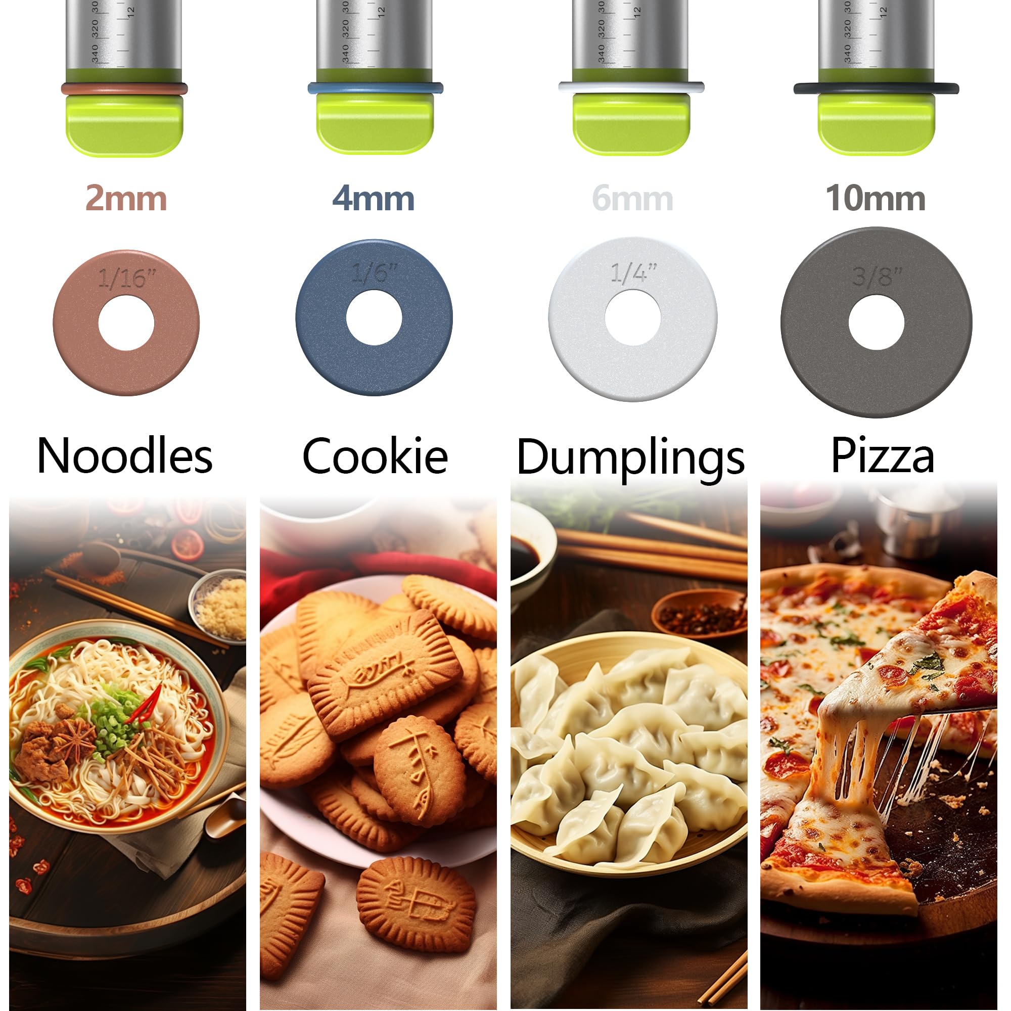 Premium Stainless Steel Rolling Pin with 4 Multi-Color Thickness Rings & Wooden Stand - 13.6