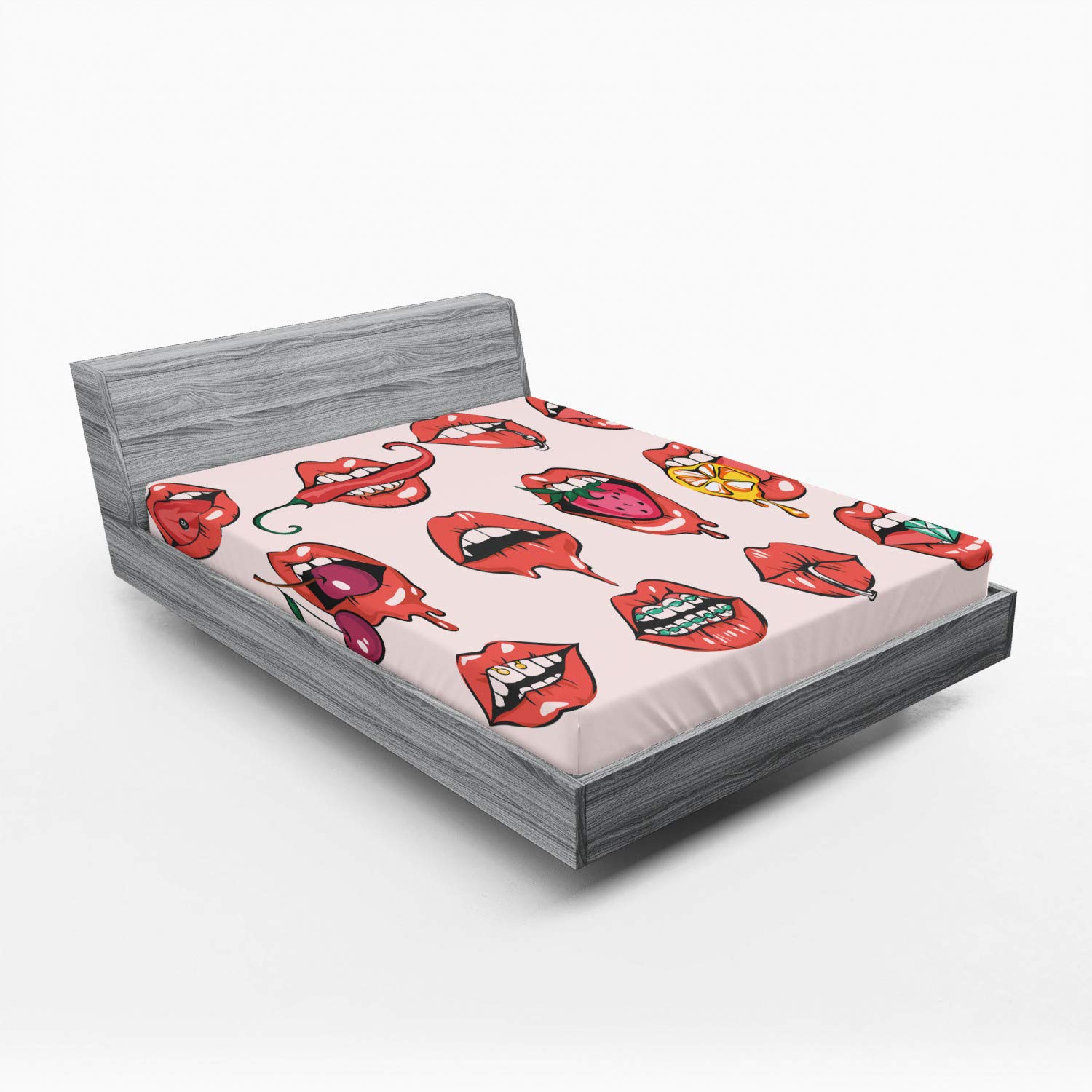Ambesonne Queen Size Fitted Sheet - Juicy Fruits Print with Lips Biting Strawberry & Braces Teeth Design | Deep Pocket All-Around Elastic Bed Cover | Multicolor | Perfect for Teen Bedrooms, Dorm Decor & Unique Gift Ideas