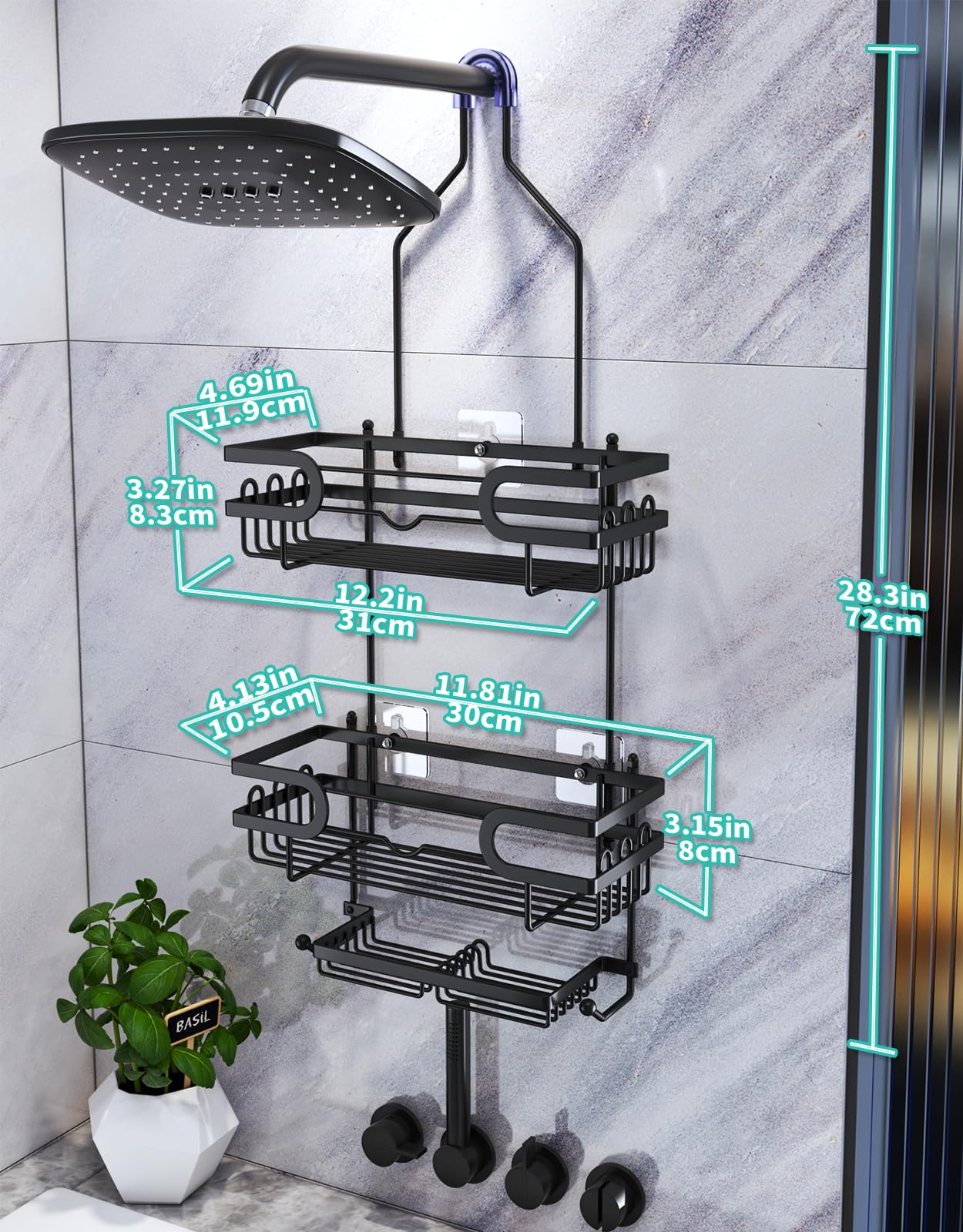 Rustproof Waterproof Hanging Shower Caddy - 12 Hooks & 2 Soap Holders No Drill Bathroom Organizer - Black | Space Saving Shower Storage for Small Bathrooms & Dorm Showers