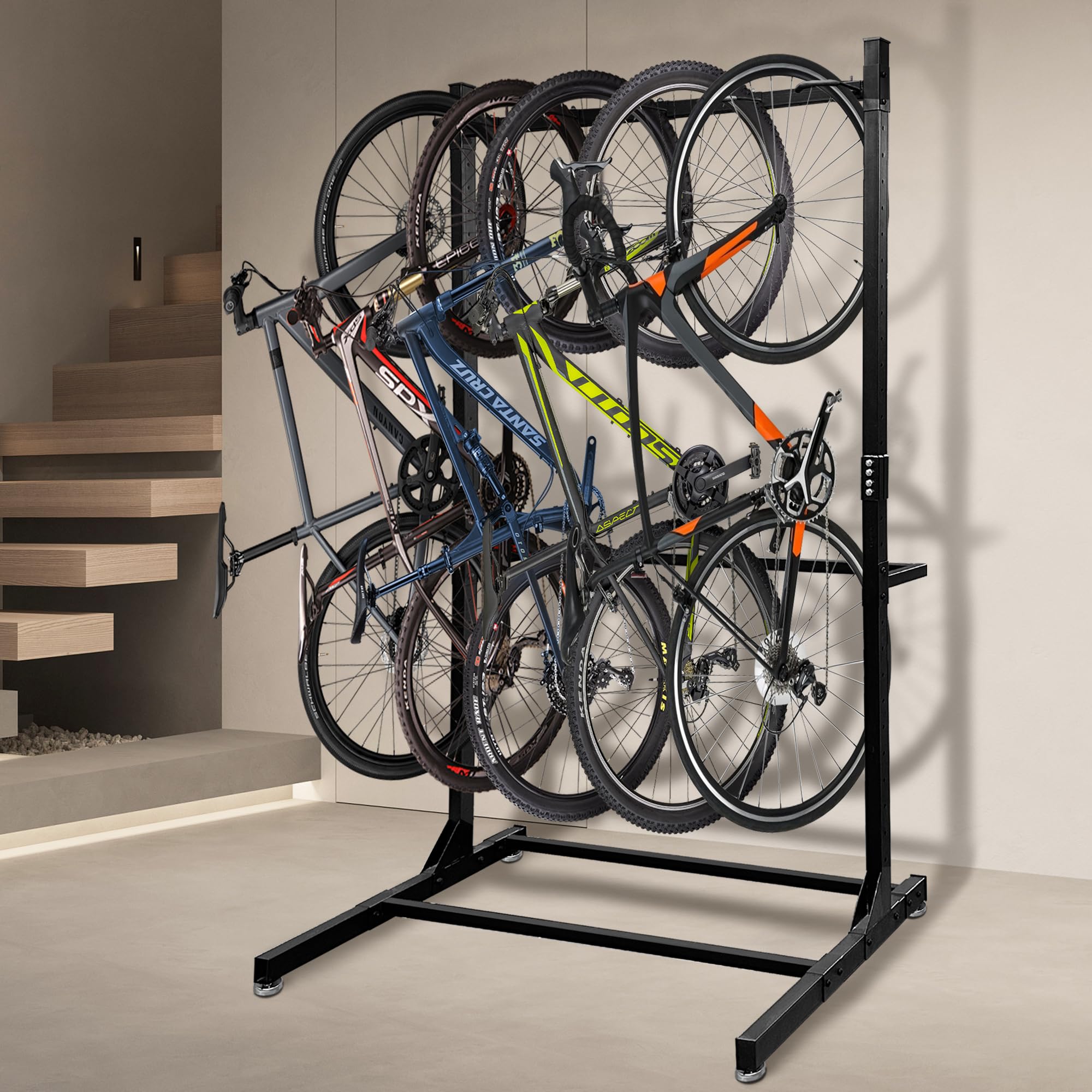Royxen Freestanding Bike Rack for 5 Bikes - 400 lbs Capacity Heavy Duty Garage Storage Solution for Indoor & Outdoor Use - Perfect for Home, Apartment, and Backyard Organization