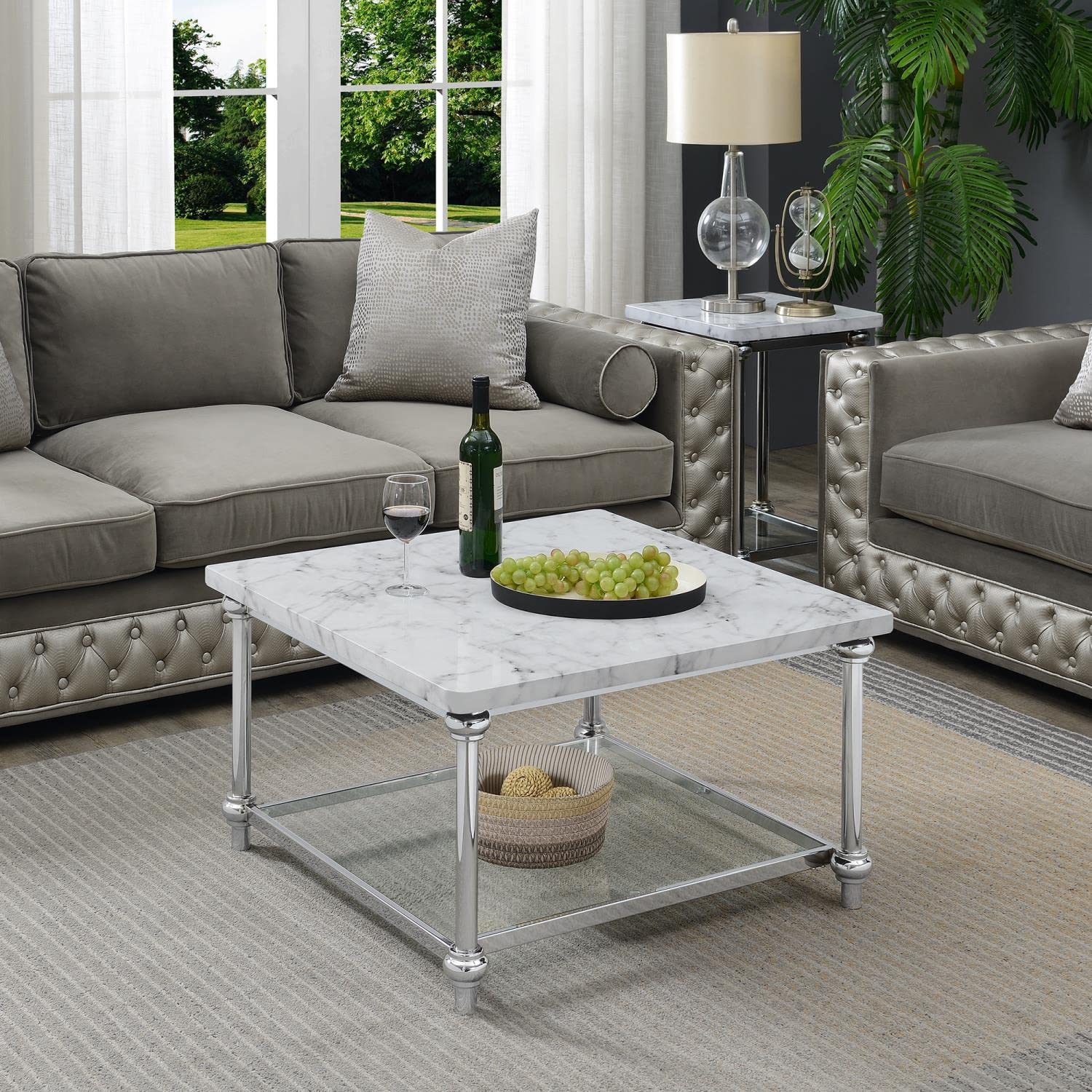 Convenience Concepts Roman II Square Coffee Table - Faux White Marble & Chrome Finish | Modern Living Room Centerpiece for Home Decor