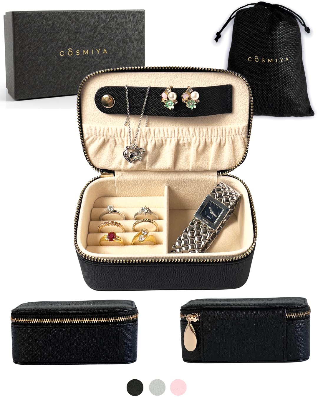 COSMIYA Small Travel Jewelry Case Organizer - Compact Jewelry Box for Women | Portable Jewelry Storage with Multiple Compartments | Perfect for Vacation, Business Trips & Honeymoon | Great Gift Idea for Her