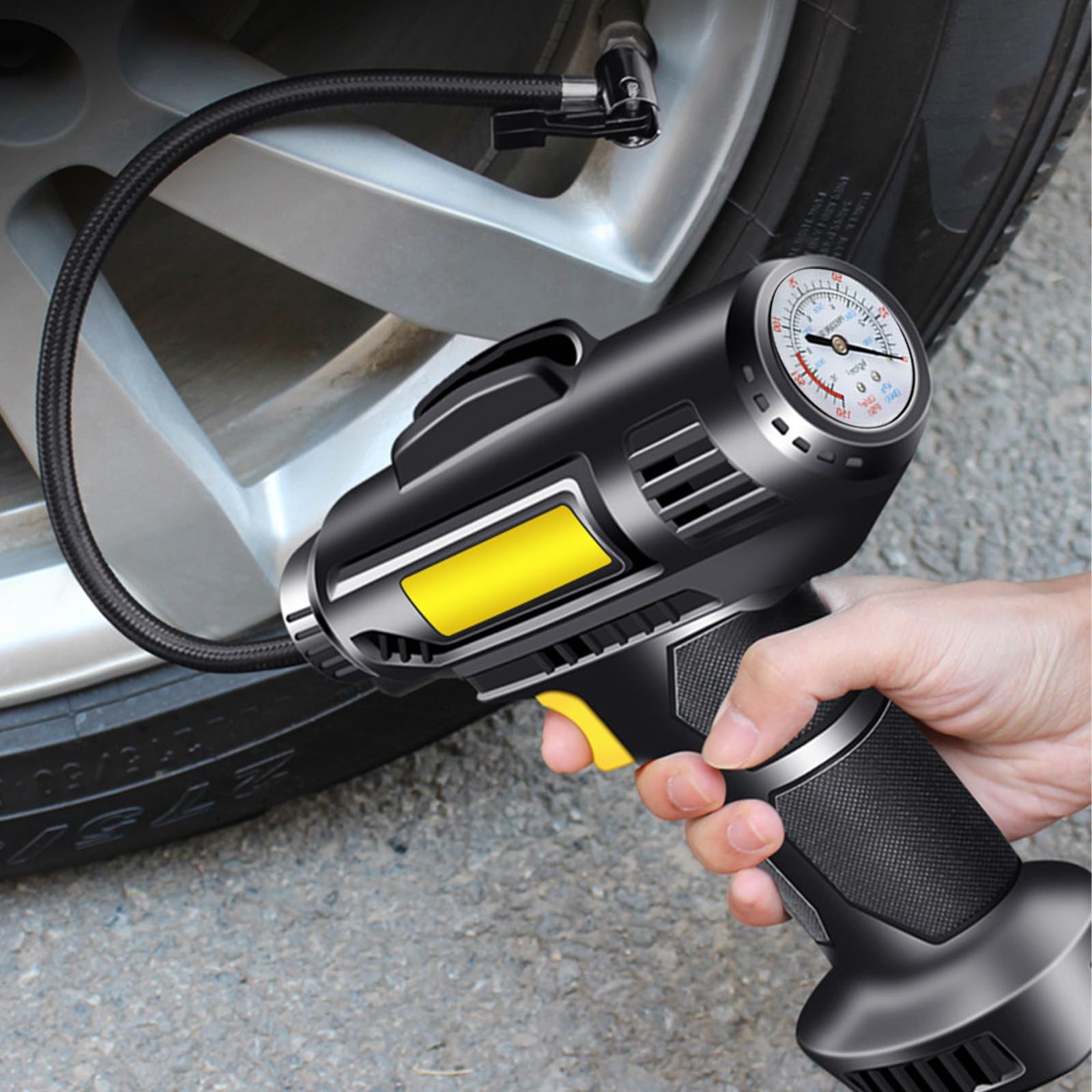 Brondbend 12V Wired Car Tire Inflator - Portable Air Compressor Pump with Digital Pressure Gauge for Cars, SUVs, Motorcycles - Quick & Convenient Tire Inflation at Home or Roadside Emergency    (Perfect for maintaining proper tire pressure, emergency flat repairs, and seasonal tire adjustments - ideal for road trips, daily commutes, and vehicle maintenance)