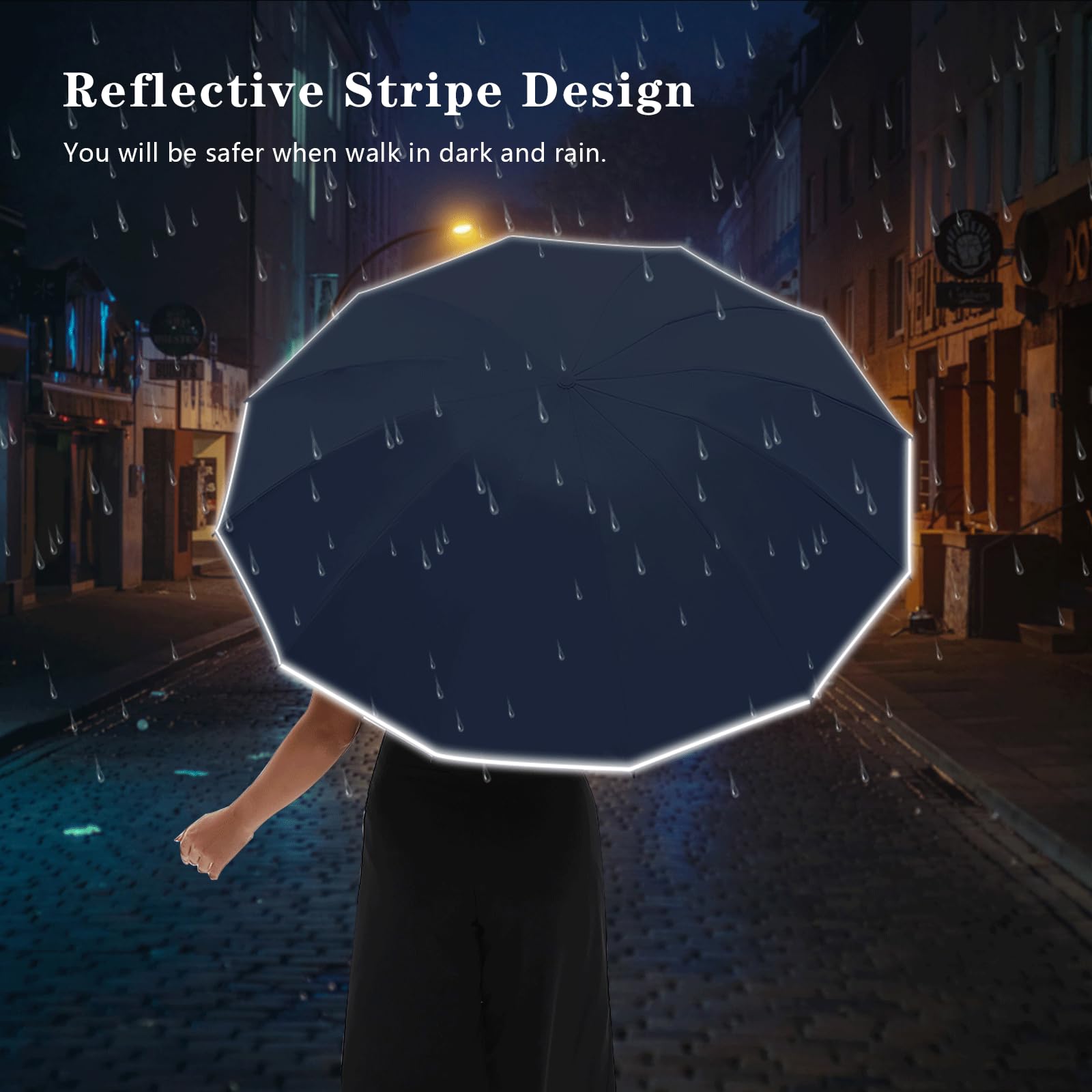 Large Double-Ribs Windproof Umbrella with Reflective Strips - Auto Open/Close Reverse Folding Compact Travel Umbrella for Rainy Days, Walking, Hiking & Outdoor Activities