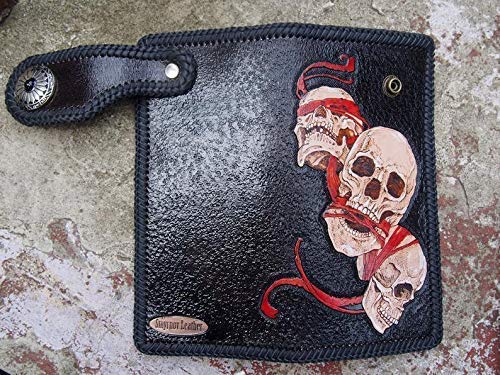 Handmade 3D Genuine Leather Biker Wallet - Custom Engraved Skull Design, Personalized Long Wallet for Men - Perfect for Motorcycle Riders, Gift Giving & Everyday Use