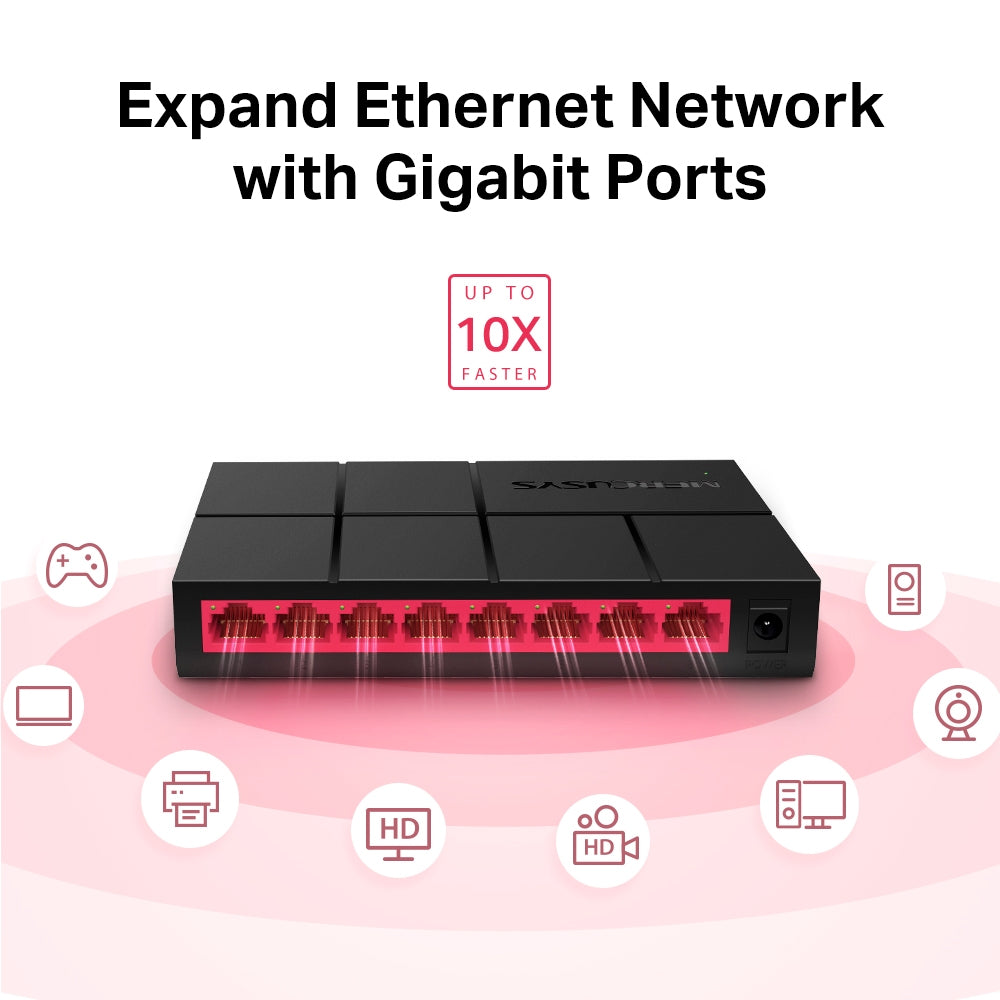 Mercusys MS108G 8-Port Gigabit Ethernet Switch for Home & Office Network Expansion | High-Speed Desktop Switch for Gaming, Streaming & Workstations