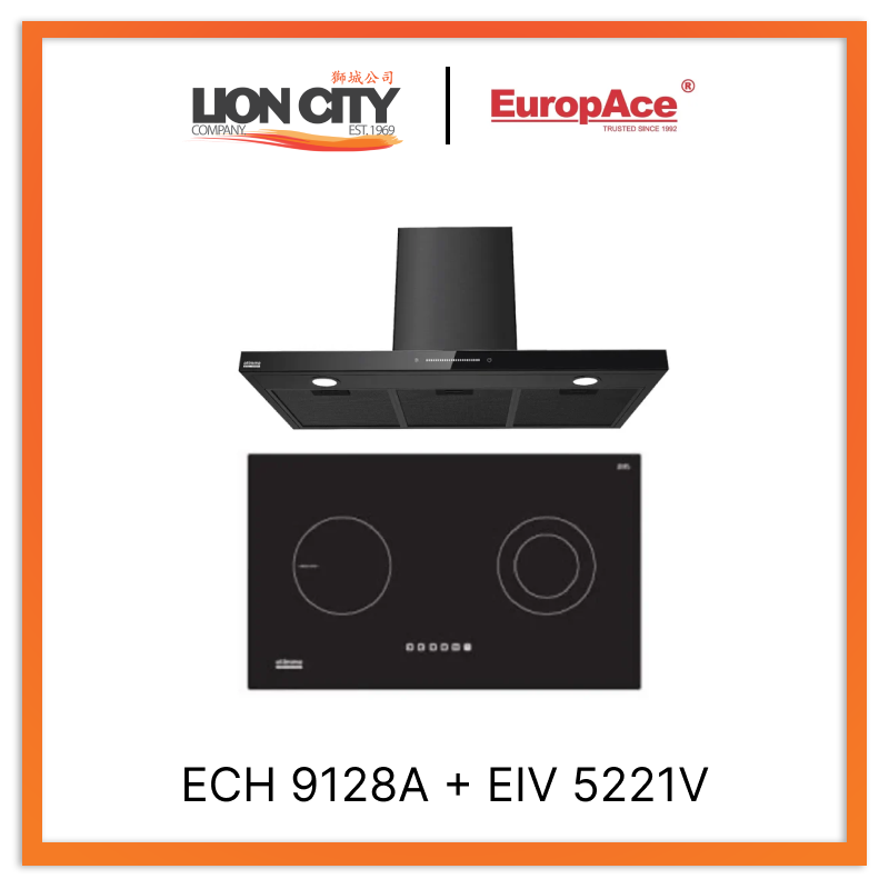 Europace ECH9128A 90cm Premium T Chimney Hood with EIV5221V 75cm Built-in Induction Hob - Stainless Steel Kitchen Ventilation System for Modern Homes | Perfect for Open-Plan Kitchens & High Heat Cooking