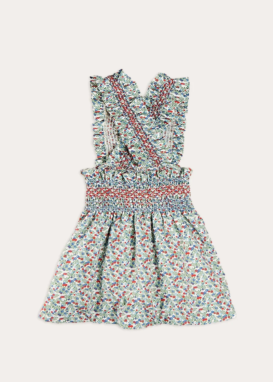 Evelyn Floral Smocked Detail Skirt With Braces - Red Girls' Dress (18 Months to 6 Years) | Perfect for Spring Outfits, Photoshoots & Special Occasions