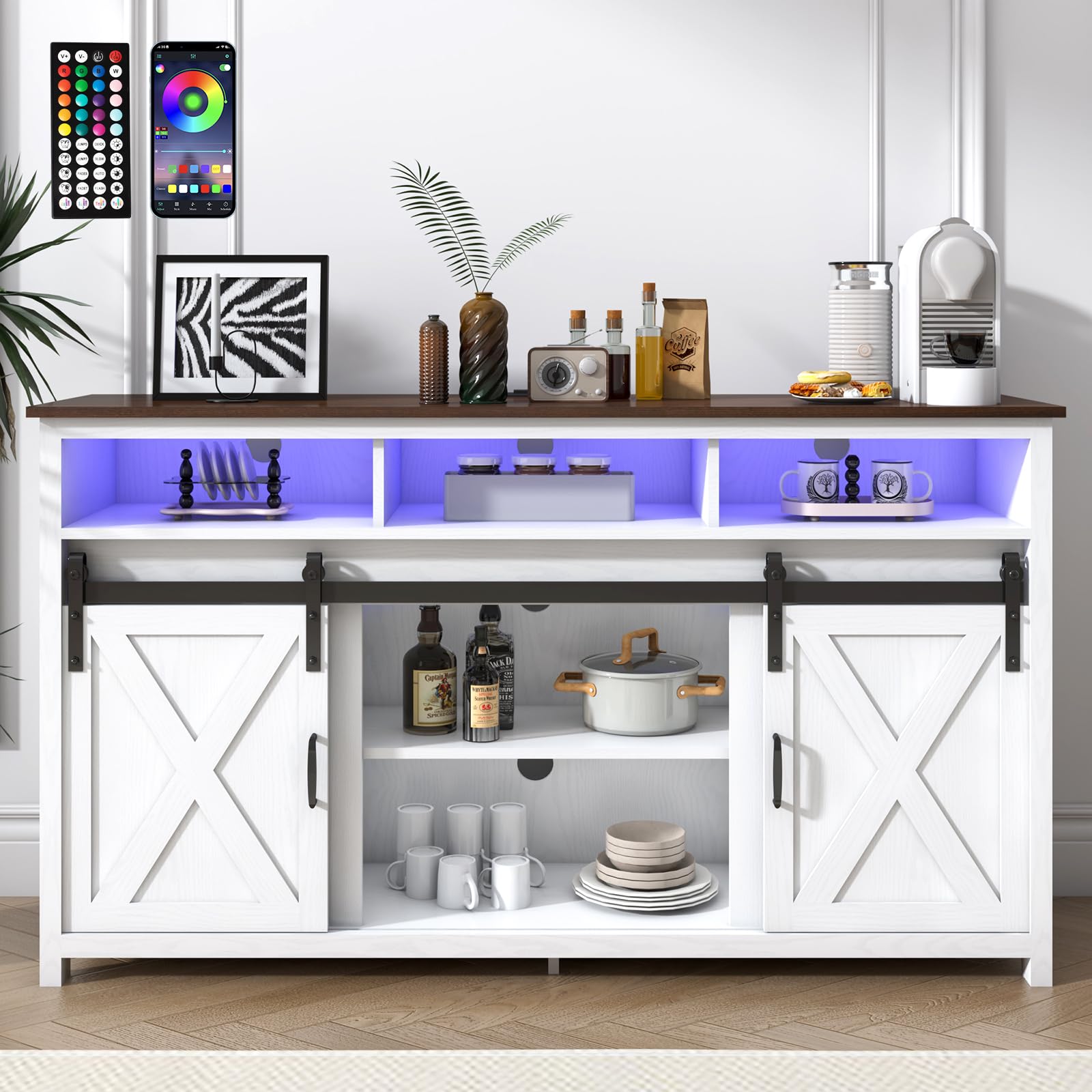 Rustic Farmhouse Coffee Bar Cabinet with Power Outlet - Wooden Sideboard Buffet Storage Cabinet with Shelves - White Kitchen & Dining Room Serving Table Cupboard for Coffee Station, Living Room Decor