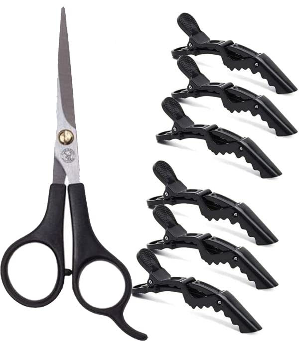 Professional Black Salon Barber Hair Cutting Scissors for Men & Women - Sharp Stainless Steel Shears with 6 Hair Section Clips - Perfect for Styling, Trimming & Hairdressing at Home or Salon