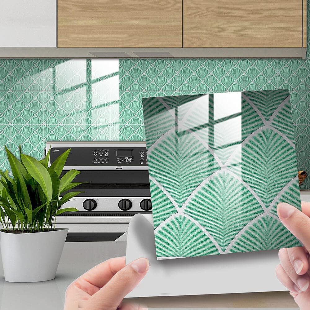 20cm x 20cm Palm Tree Light Green Tile Stickers - 10 Pack Self-Adhesive Kitchen Wall Tile Decals for Backsplash, Bathroom & Home Decor - Waterproof Peel & Stick Wall Stickers for Easy Home Renovation
