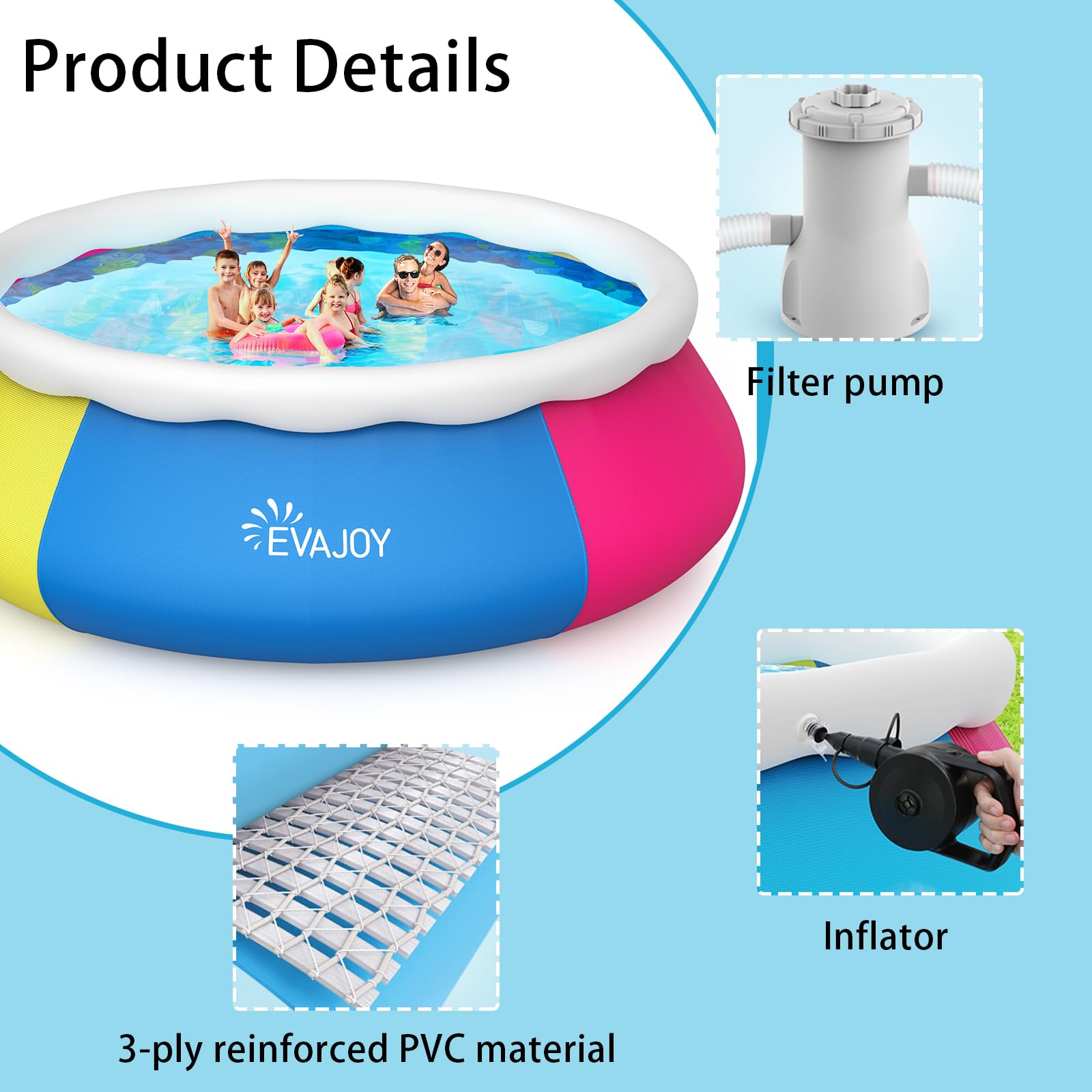 15ft x 35in Inflatable Above Ground Swimming Pool with Filter Pump, Ground Cloth & Cover - Blue, Yellow, Pink Options | Perfect for Backyard Fun, Kids Play & Summer Cooling