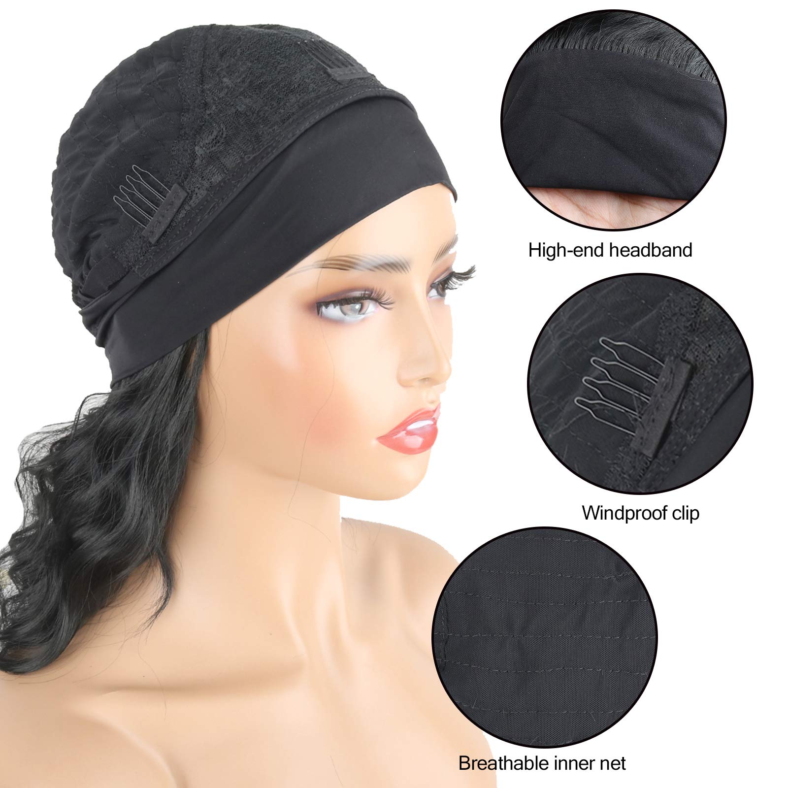 Short Curly Headband Wigs for Black Women - 14 Inch Black Wavy Synthetic Wigs with Attached Headband & Ice Silk Turban - Body Wave Head Wrap Wigs for Women - Perfect for Daily Wear, Cosplay, and Protective Hairstyles