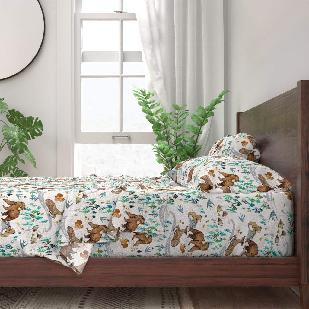 Whimsical Wild Child Cream Bear Deer Forest Print 100% Cotton Queen 4-Piece Sheet Set - Soft Nursery Bedding for Boys & Girls, Woodland Animal Theme with Trees, Squirrels & Birds (Perfect for Kids' Rooms, Baby Showers & Gender-Neutral Decor)