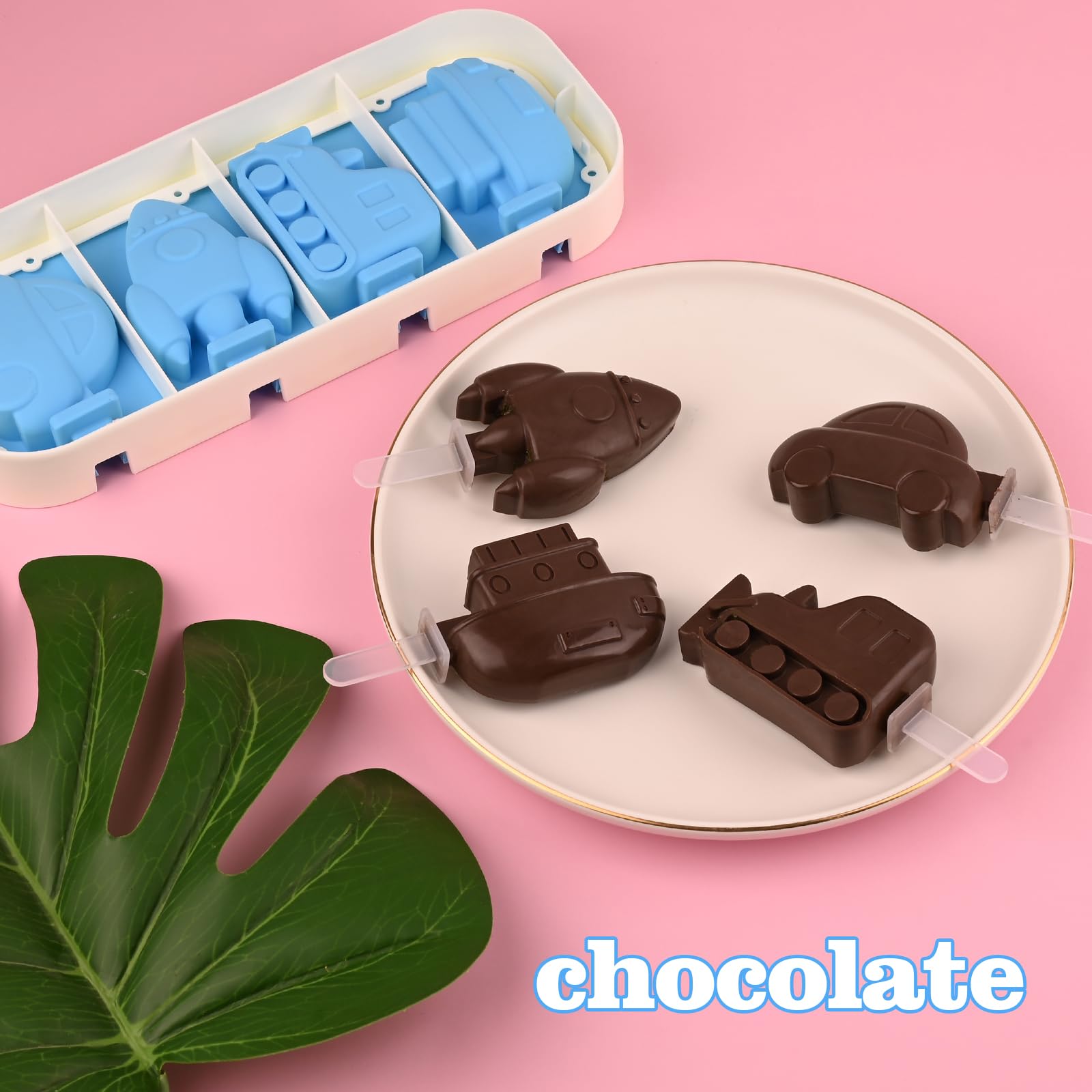 Sakolla 2 Pack Silicone Popsicle Molds with Lid - 4-Cavity Mini Ice Pop Molds for Kids in Fun Car, Ship, Train, Rocket & Dinosaur Shapes (Green & Blue) - Perfect for Summer Treats, Birthday Parties & DIY Frozen Snacks