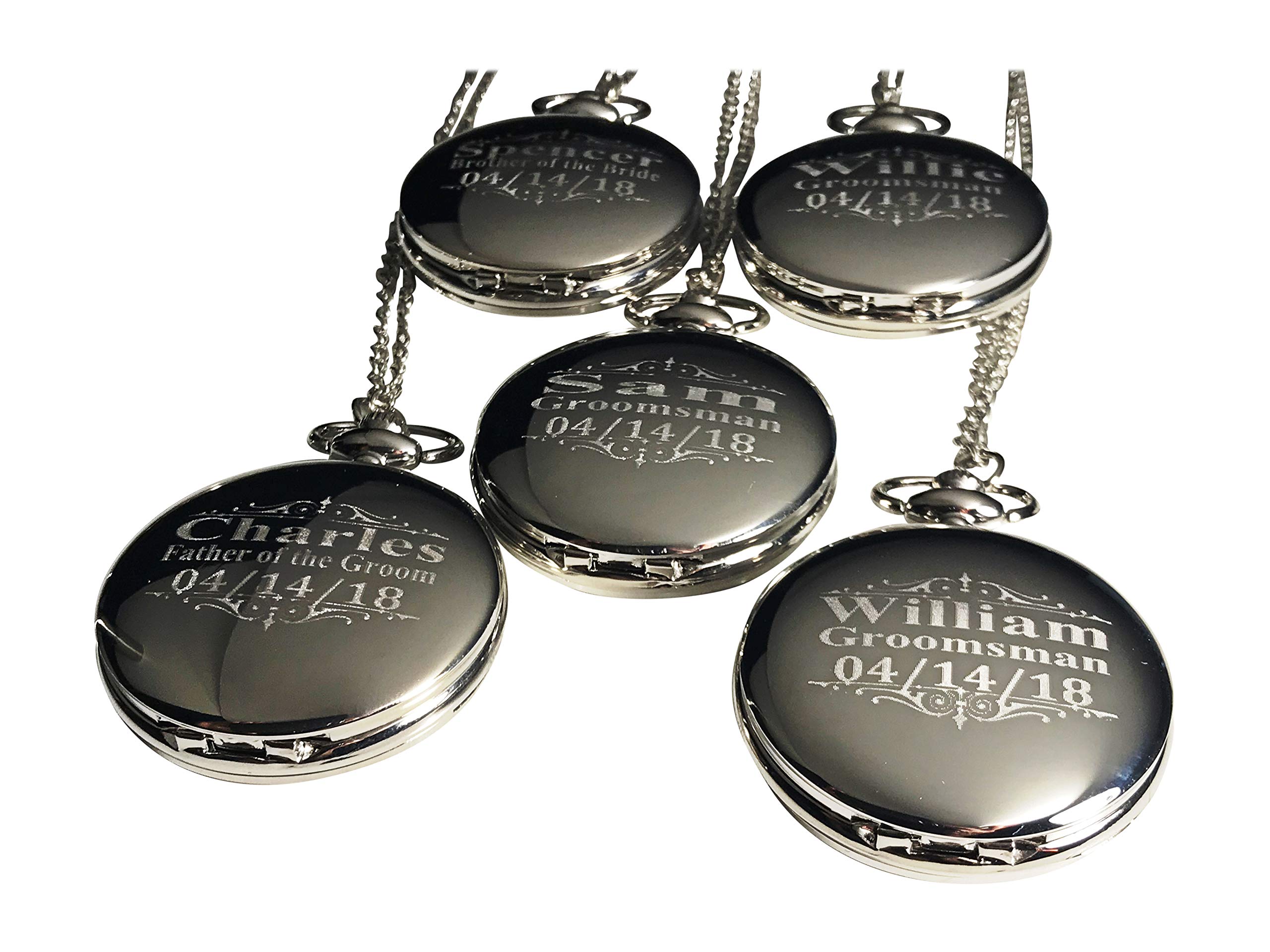 4 Personalized Engraved Silver Pocket Watches with Chain & Gift Box - Custom Groomsmen Wedding Gifts for Best Man, Bridal Party & Anniversary Presents - Perfect for Vintage-Themed Weddings, Special Occasions & Collectors