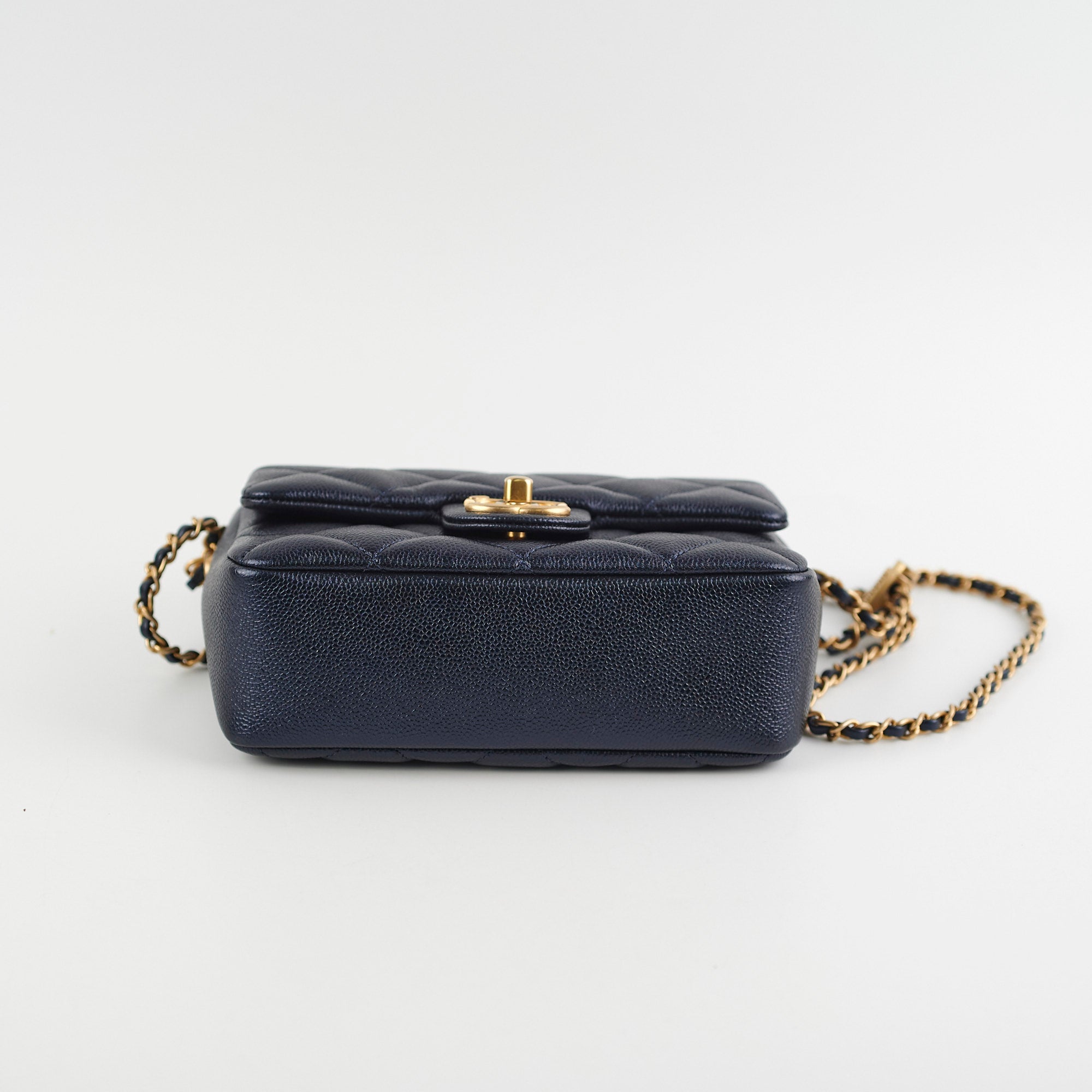 Chanel Perfect Mini Classic Flap Bag Iridescent Navy Blue Leather Crossbody Purse for Women | Luxury Evening Party & Date Night Accessory