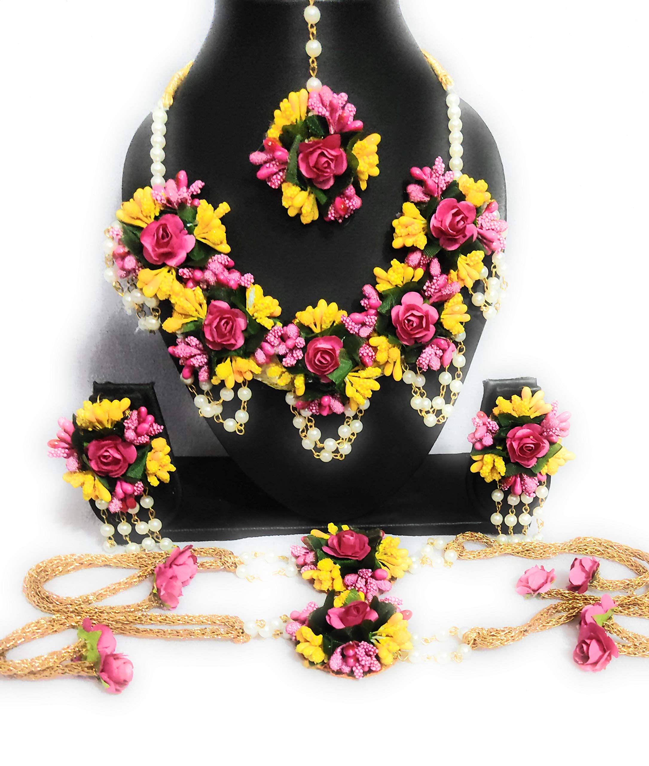 C&G INDIA Balika Vadhu Designer Jewelry Set for Women & Girls - Yellow & Pink Pearl Bridal Jewelry (6 Pcs) - Perfect for Mehendi, Haldi, Baby Shower & Wedding Ceremonies